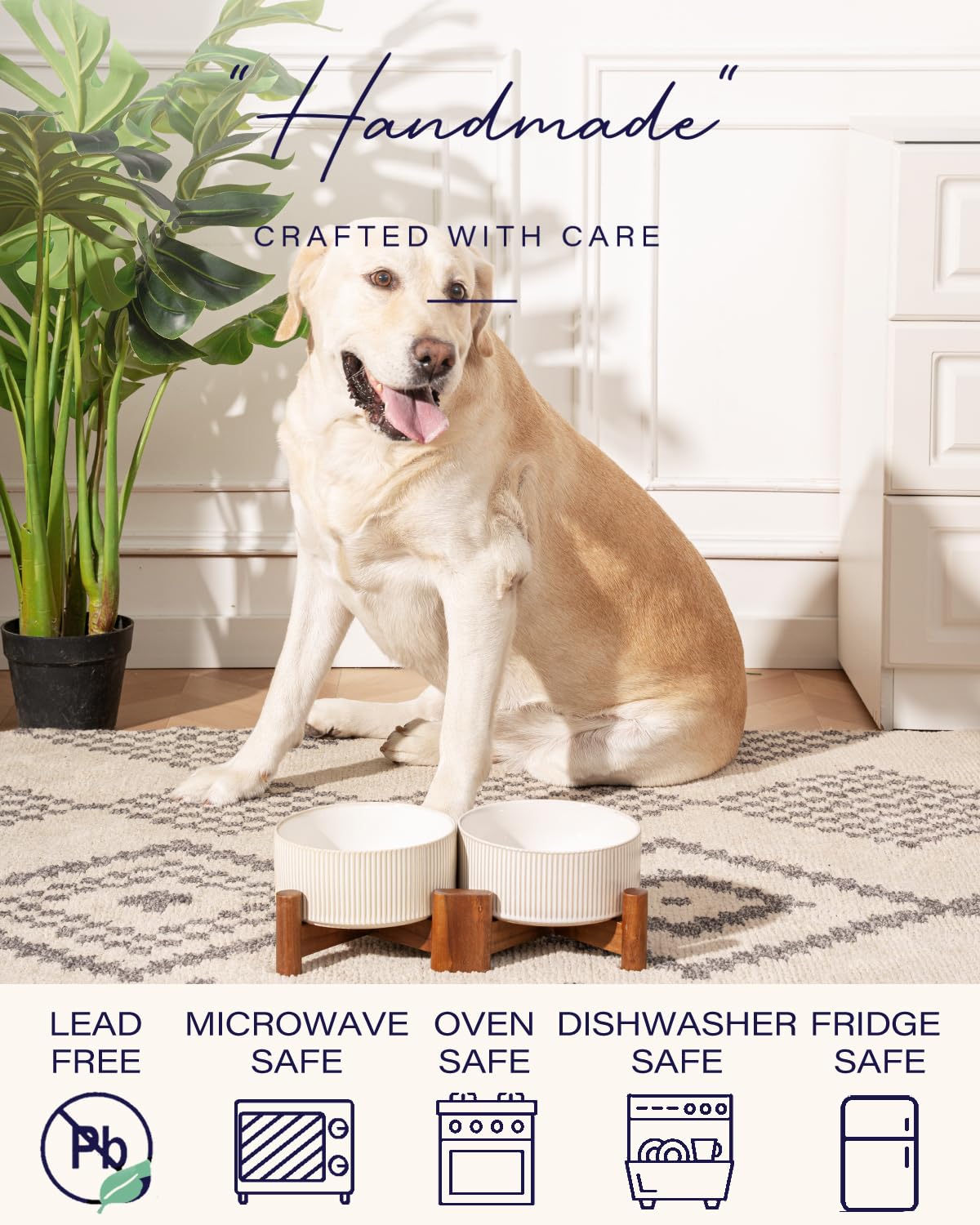 Getstar Ceramic Dog Bowls Set with Acacia Wood Stand, 3.5 Cups Pet Bowls Set of 2 for Medium Dogs, Cute Dog Food Bowl, Cat Bowls