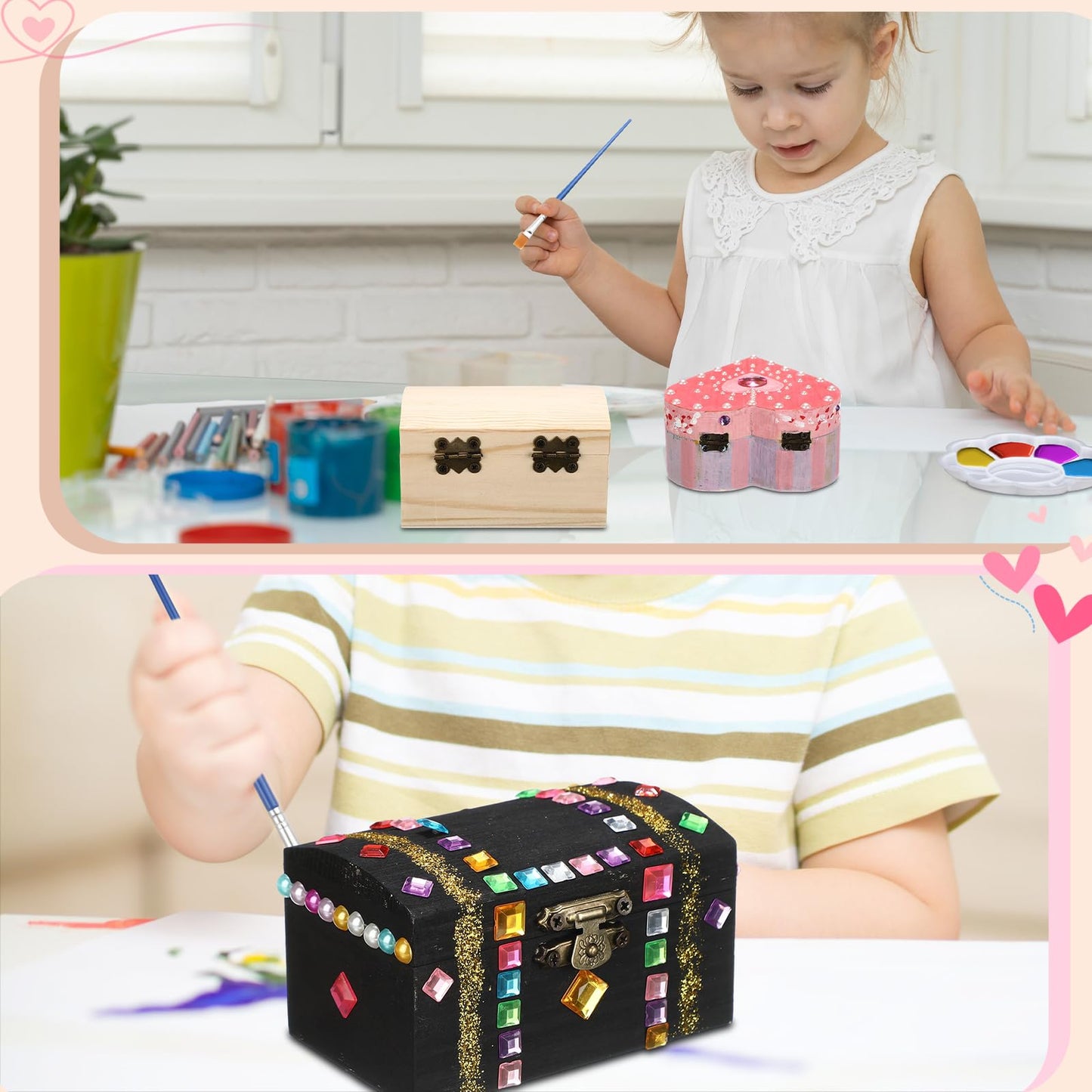 Kigley 6 Pack Paint Your Own Wooden Jewelry Box DIY Crafts Kits Heart Treasure Box Kit Unfinished Arts and Craft for Ages 3-12 Year Old Girls Boys Birthday Gifts Valentines Mother's Day Favors