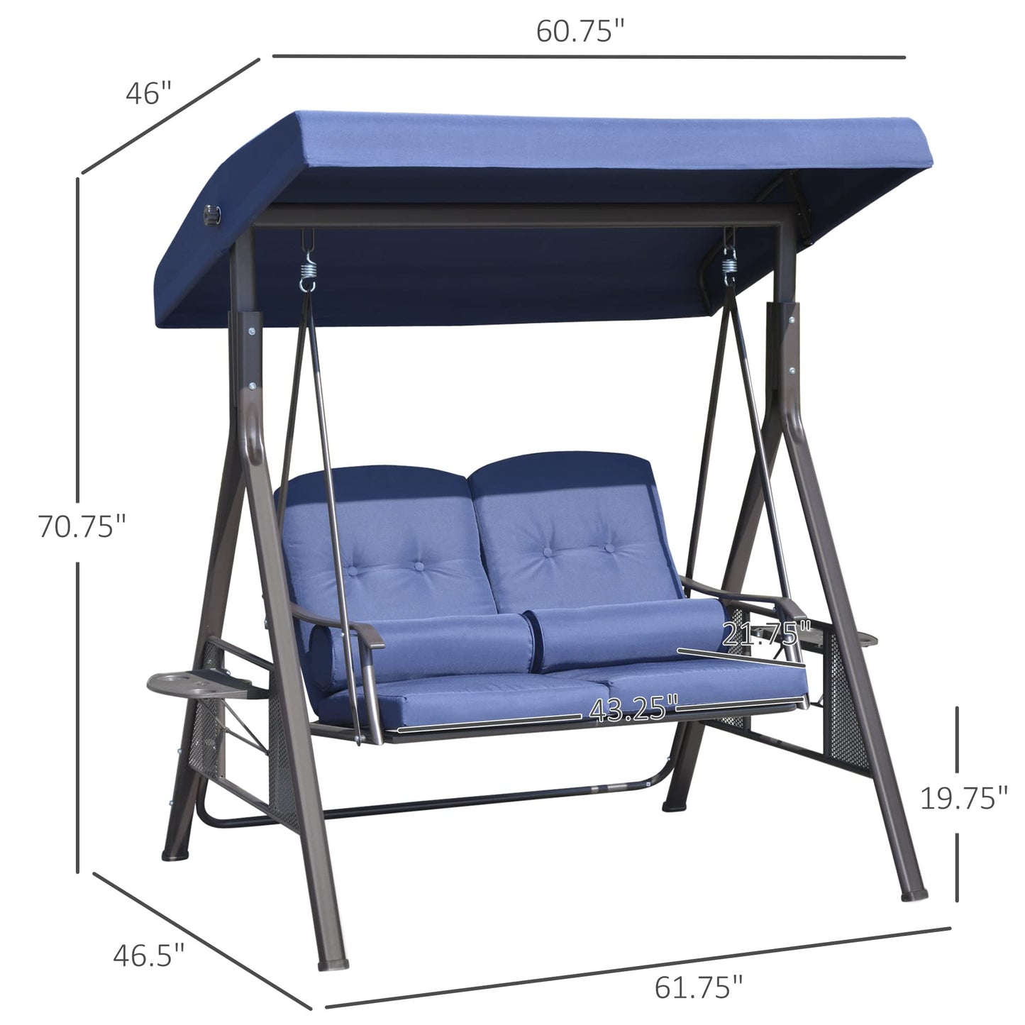 Outsunny 2-Person Patio Swing Bench with Adjustable Shade Canopy, Soft Cushions, Throw Pillows and Tray, Dark Blue