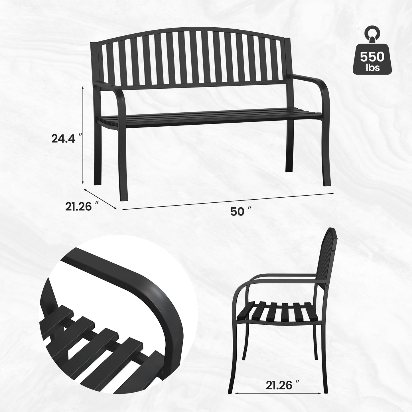 GUINGFUN 50" Outdoor Bench, Heavy-Duty Metal Frame Graden Bench, Weatherproof Patio Park Bench for Front Porch, Park, Yard, Patio