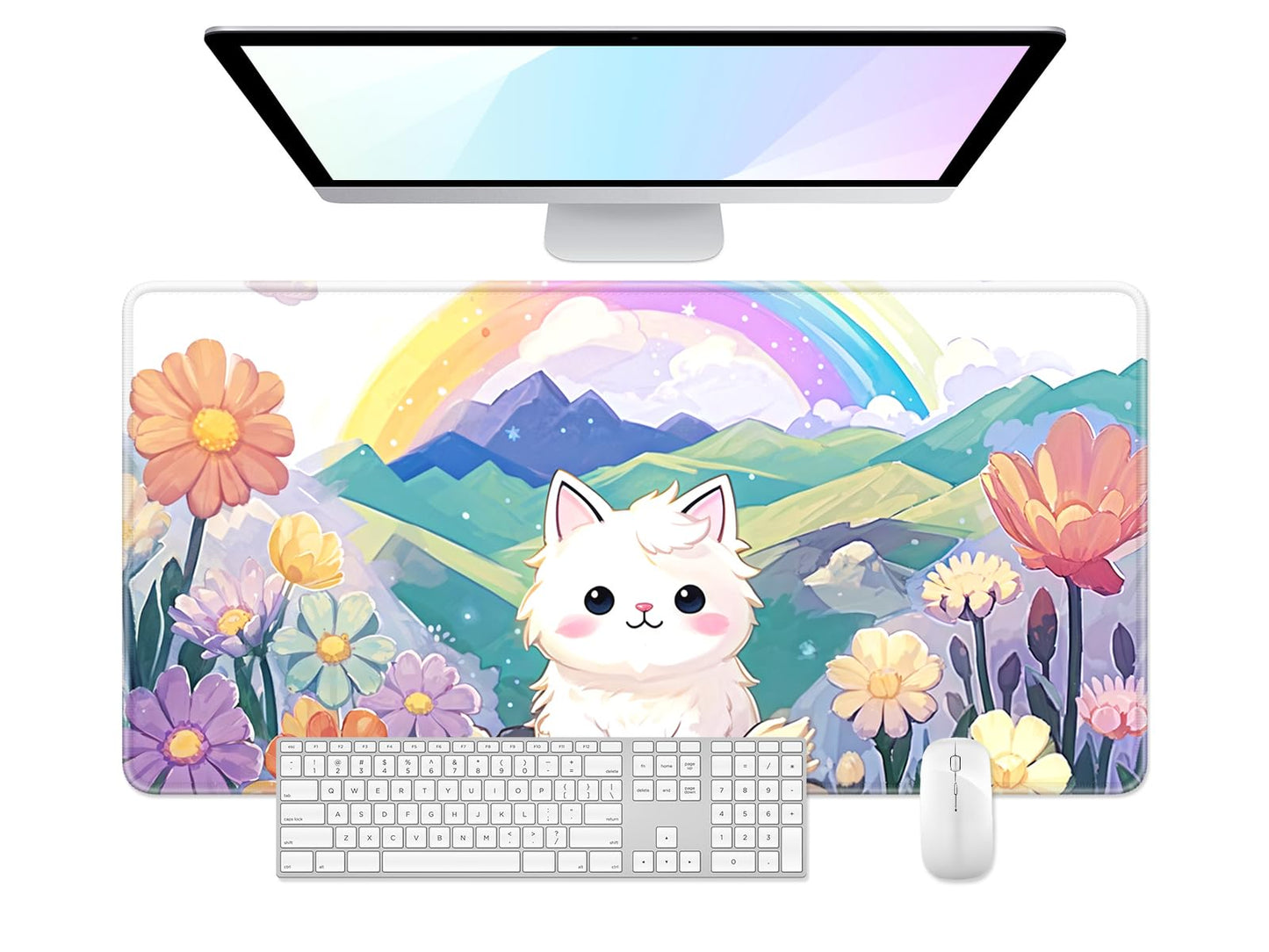 Desk Pad, 32" x 16" XXXL Extended Large Gaming Mouse Pad, Desktop Decor Desk Mat, Men Women Office Supplies and Accessories, Cute Anime Mouse Mat for Laptop & Keyboard, Rainbow Cute Cat