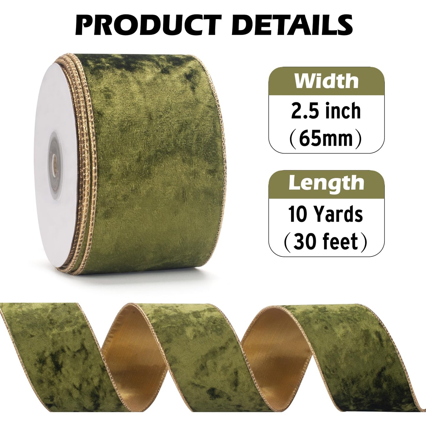 GHGMAO Olive Green Velvet Wired Ribbon, 2.5 Inch Crushed Velvet Ribbons with Gold Edge, Christmas Wired Ribbon for Gift Wrapping, Christmas Tree Decor, Wreath Supplies, Crafts Bow Making, 10 Yards