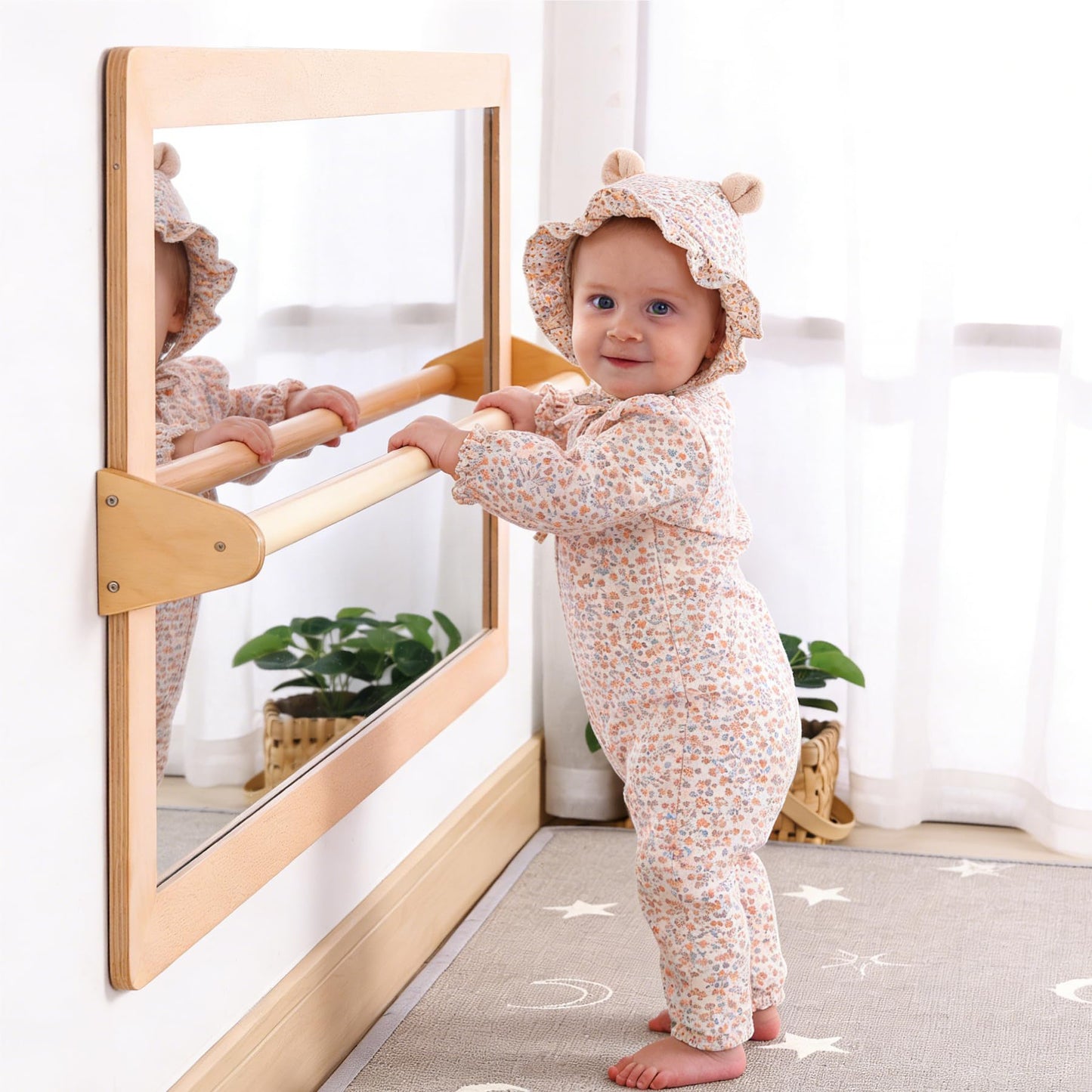 KRAND 3-Position Montessori Shatterproof Safety Baby Mirror w/Pull Up Handrail, Infant Coordination Mirror Set, Kid's Classroom Furniture for Nursery, Daycare, Homeschool or Preschool (Natural Pura)