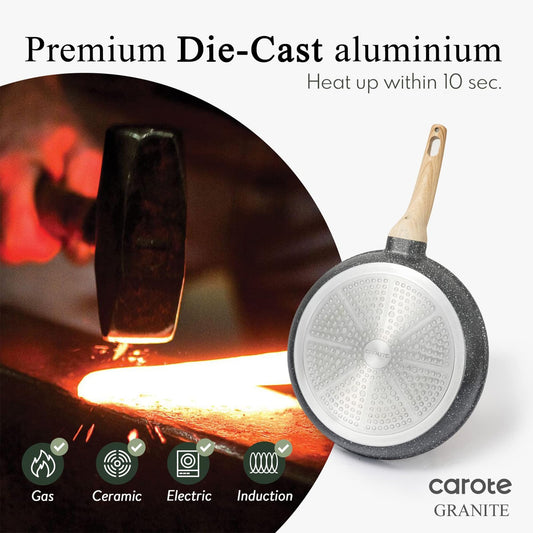 CAROTE Non Stick Frying Pan Skillet Set, Omelet Pan, Healthy Non Toxic Granite Chef Pan, Induction Compatible Egg Frying Pan with Heat-Resistant Handle, PFOA-Free,Black, 8"+10"+12"