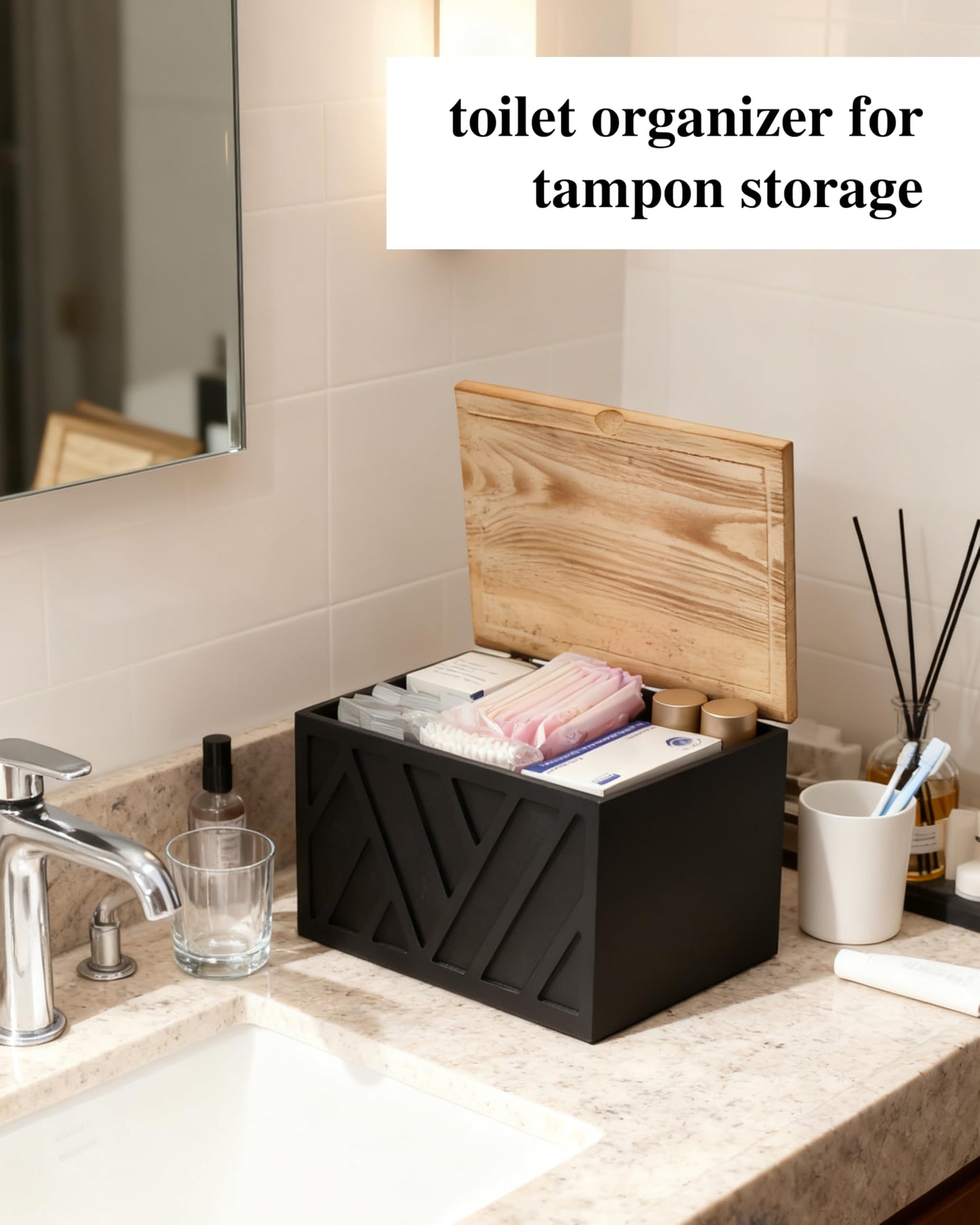KeepTwenty Tampon Holder for Bathroom Decor Feminine Product Organizer With Lid Shark Week Box Wooden Pad Girl Stuff Box (BLACK, lid) (1, BLACK)