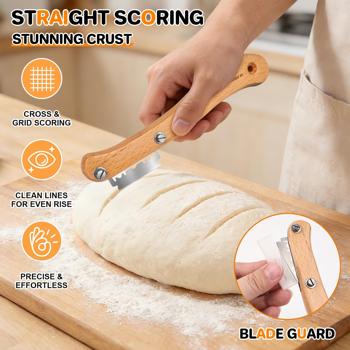 PHILORN 2pcs Set Bread Lame with 10 Stainless Steel Blades, Finger Sleeves and Protective Cover - Sourdough Razor Scorer with Straight & Curved Scoring Knife - Ergonomic Wooden Handle Gift for Bakers
