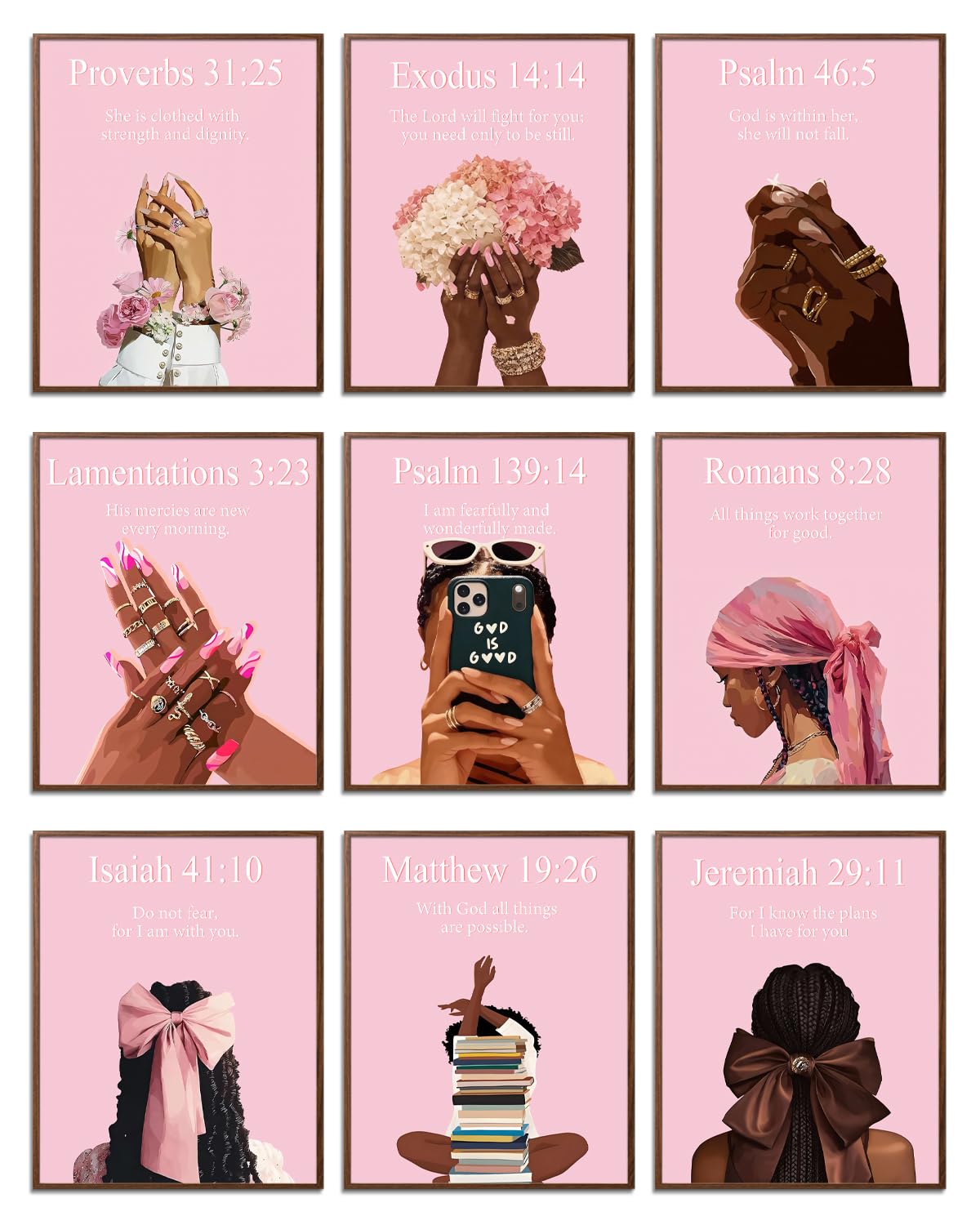 ANVOTIG Pink Christian Black Women Wall Art Prints Set of 9, Preppy African American Bible Verse Posters, Trendy Pink Black Girl Room Decor for Bedroom Bathroom Living Room 8x10 Inch Unframed