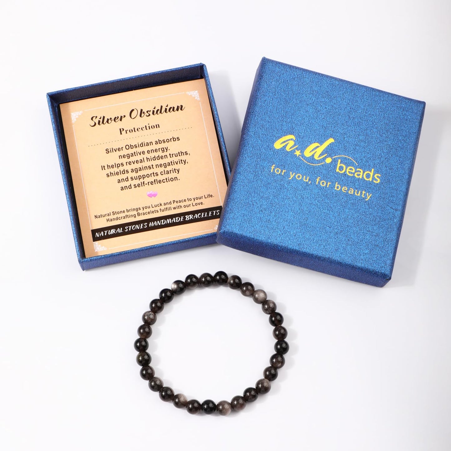 AD Beads 6mm Handmade Silver Obsidian Elastic Bracelet – Natural Gemstone for Protection – Meditation, Yoga, Healing and Energy Gift for Men Women