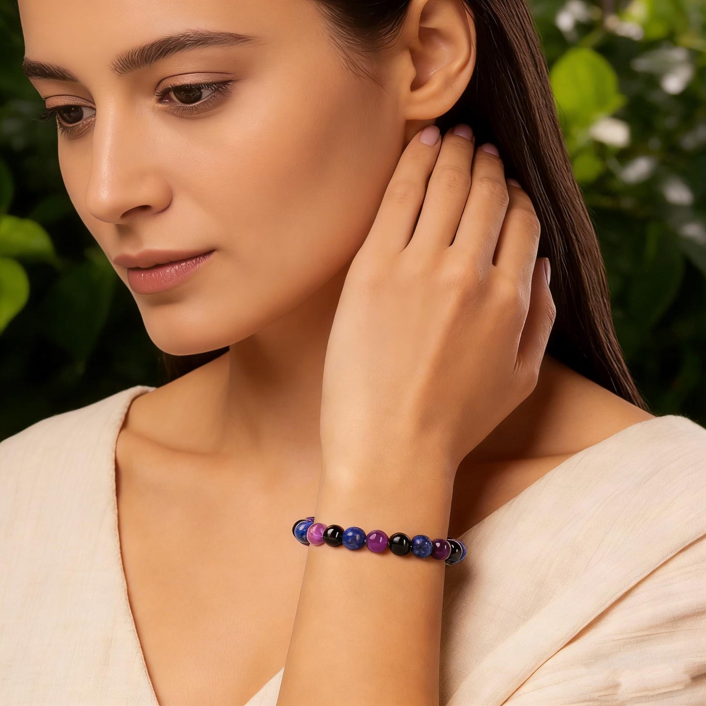 Naupyal 4pcs Natural Stone Beaded Bracelets for Women Men,Healing Crystal Gemstones Stretch Bracelet,8mm Amethyst Lapis Lazuli Black Obsidian Bracelet Gemstone Stress Relief Spiritual Jewelry Gifts