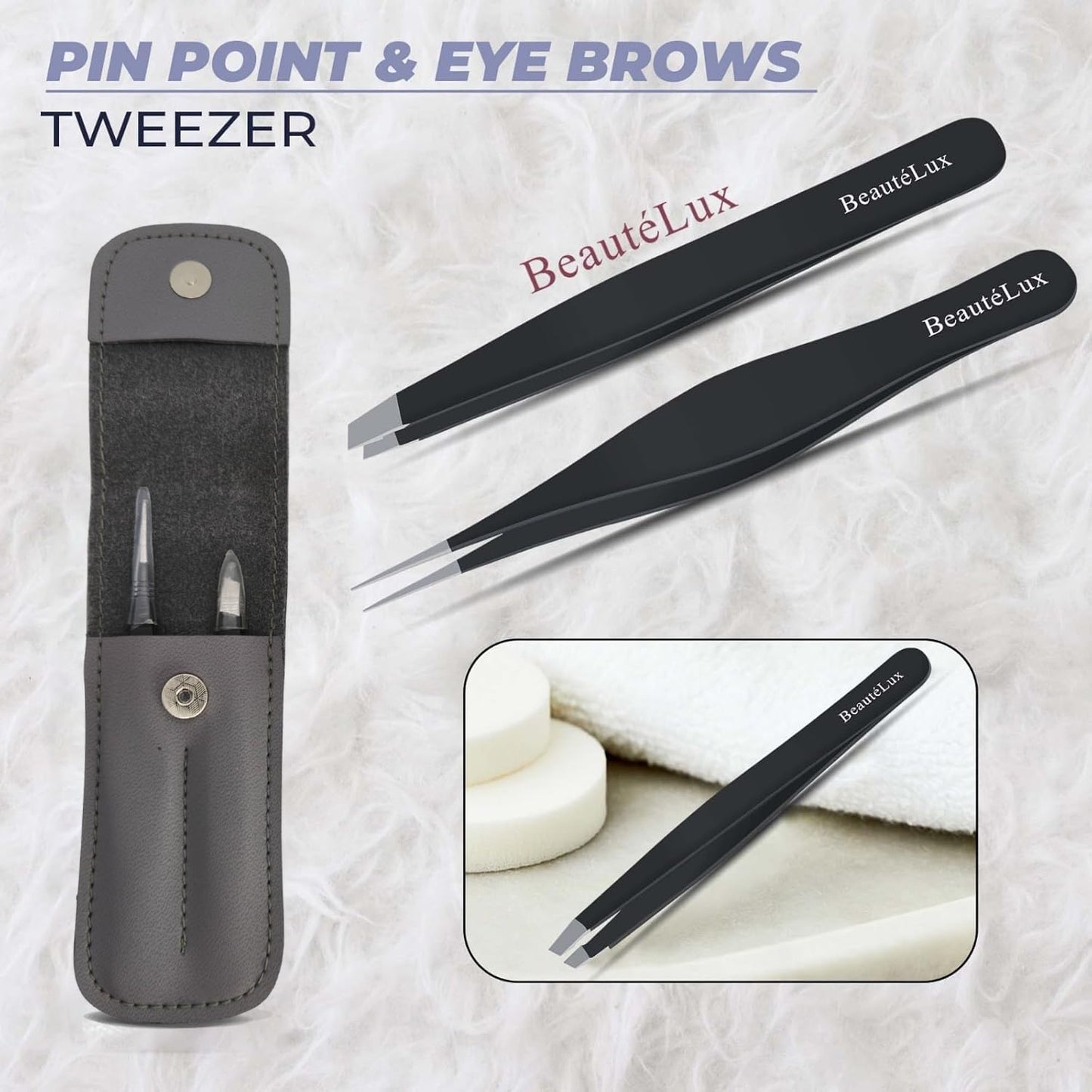 BeautéLux Precision Tweezer Set – Slant & Pointed Tip Stainless Steel Eyebrow Tweezers with Leather Pouch, Professional Hair Removal for Ingrown Hair, Chin, Splinter & Blackhead