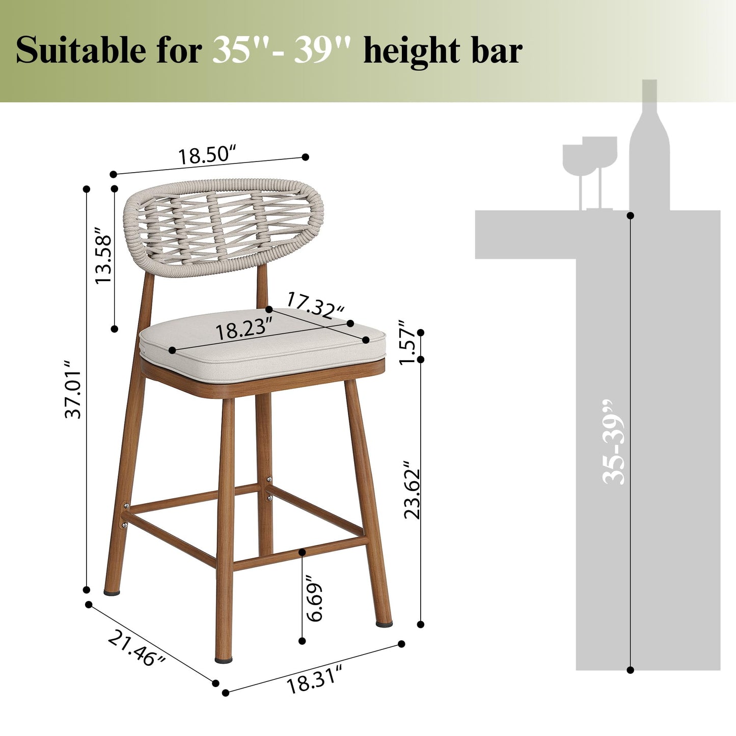 Garden Story Outdoor Bar Stools Set of 2,Woven Barstools with Rattan Back,24'' Outdoor Bar Height Stools Wicker,Patio Bar Chairs Boho Bar Stool,Counter Height Bar Stool Aluminum (Teak, 24 Inch)