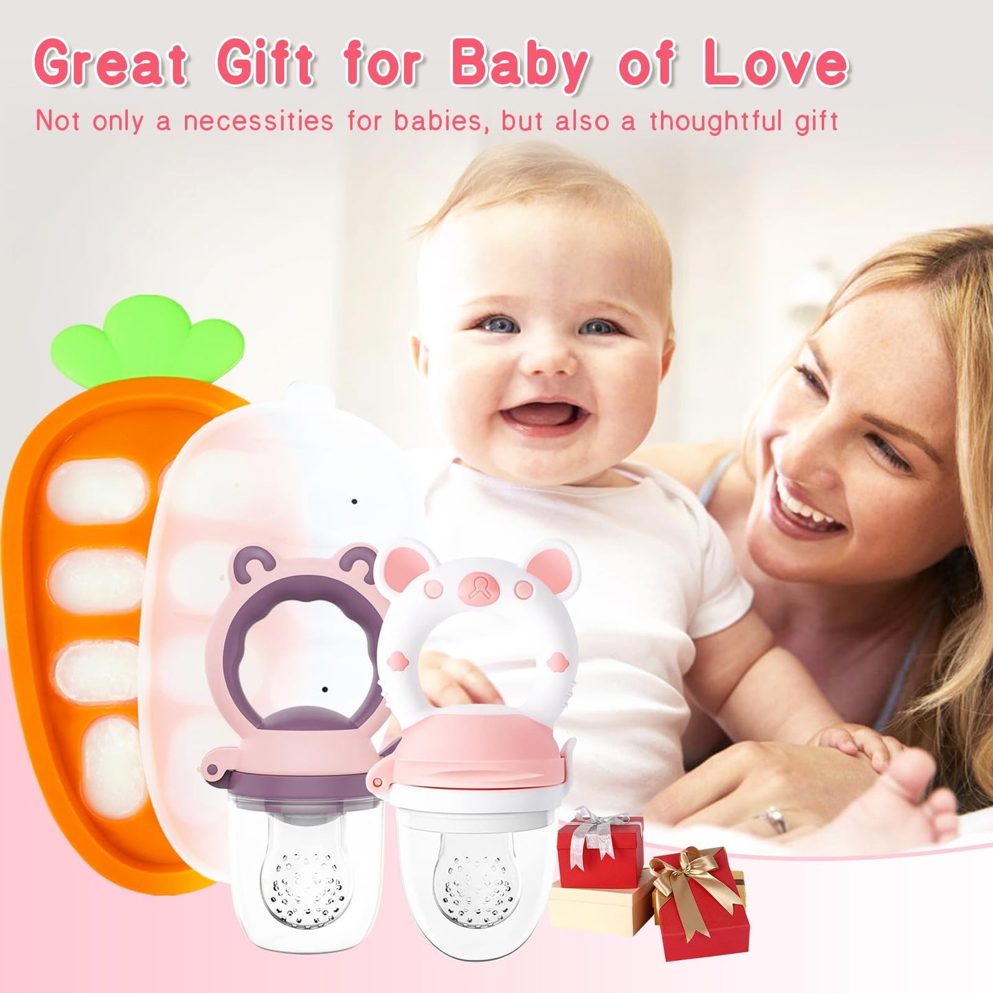 HAOBAOBEI Baby Fruit Food Feeder Pacifier - Fresh Food Feeder, Infant Fruit Teething Teether Toy for 3-24 Months, 3 Pcs Silicone Pouches for Toddlers & Kids & Babies, 2-Pack (Purple Pink)