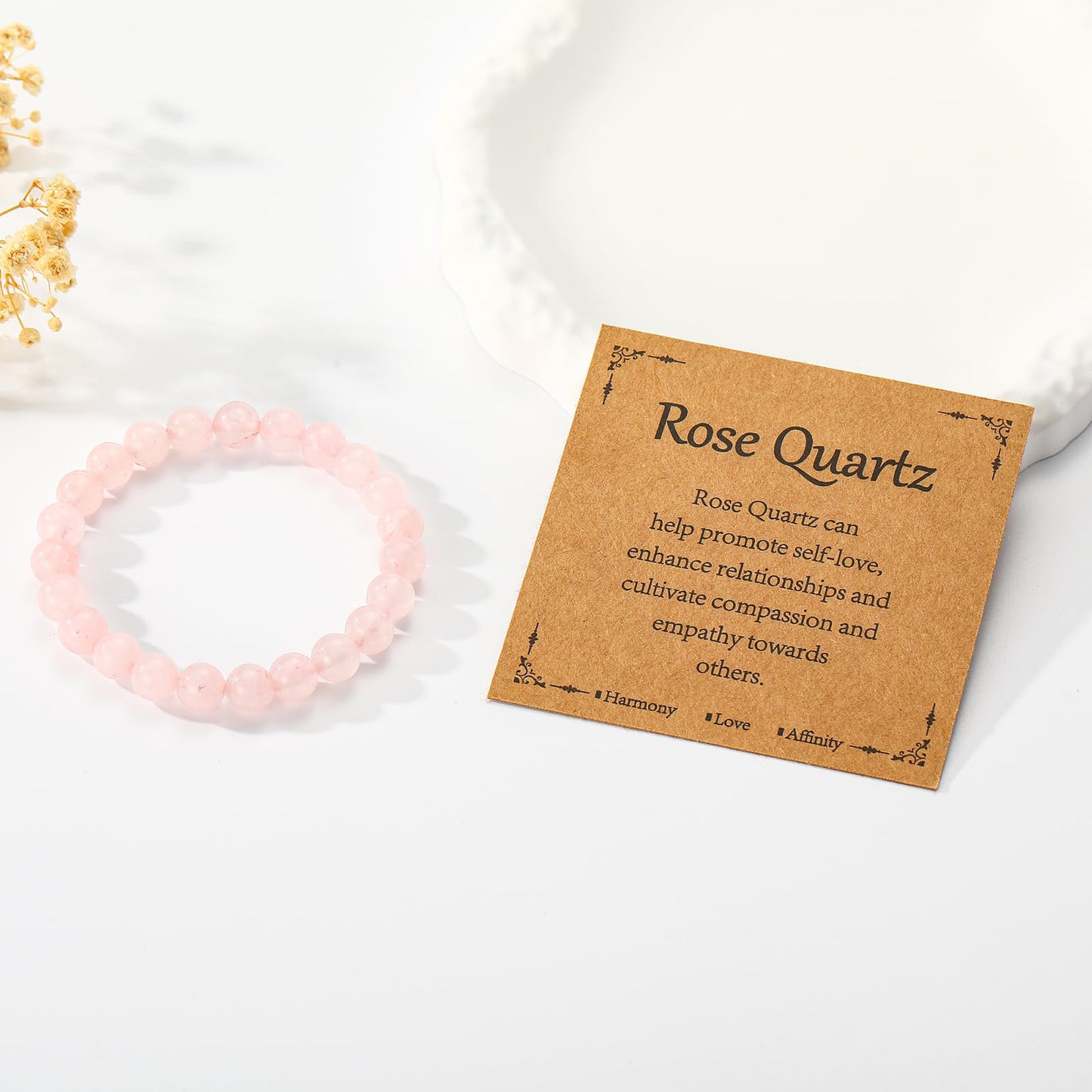 Gnamy Rose Quartz Crystal Beaded Bracelet for Women, Gemstone Bracelet Natural Stone Anxiety Healing Handmade Protection Birthday Christmas Valentines Jewelry Gifts for Best Friend Her Mom Daughter Girlfriend