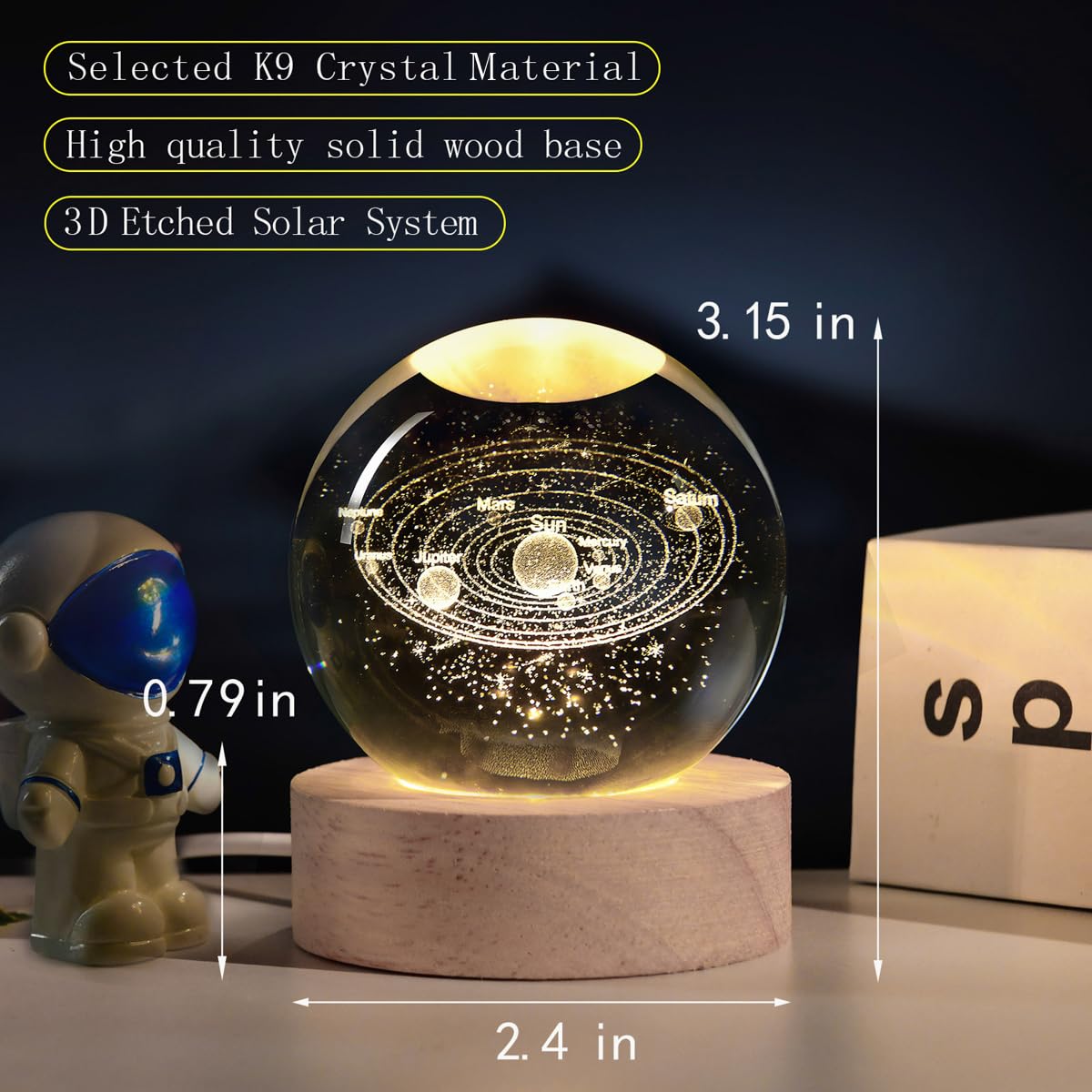 QIANCHANG Solar System 3D Crystal Ball with LED Stand, 60mm Galaxy Model Decor Glass Sphere Lamp Night Light, Space Universe Astronomy Gifts for Women Men Mom Kids