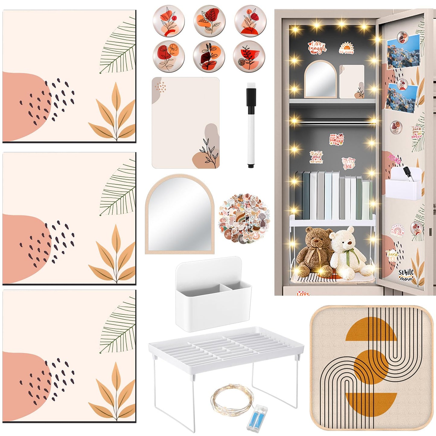 CroBlissful School Locker Accessories for Girls First Day of School Essentials Locker Decoration with Magnetic Wallpaper Mirror Pen Holder Shelf Faux Fur Rug Whiteboard Marker Magnets(Boho)
