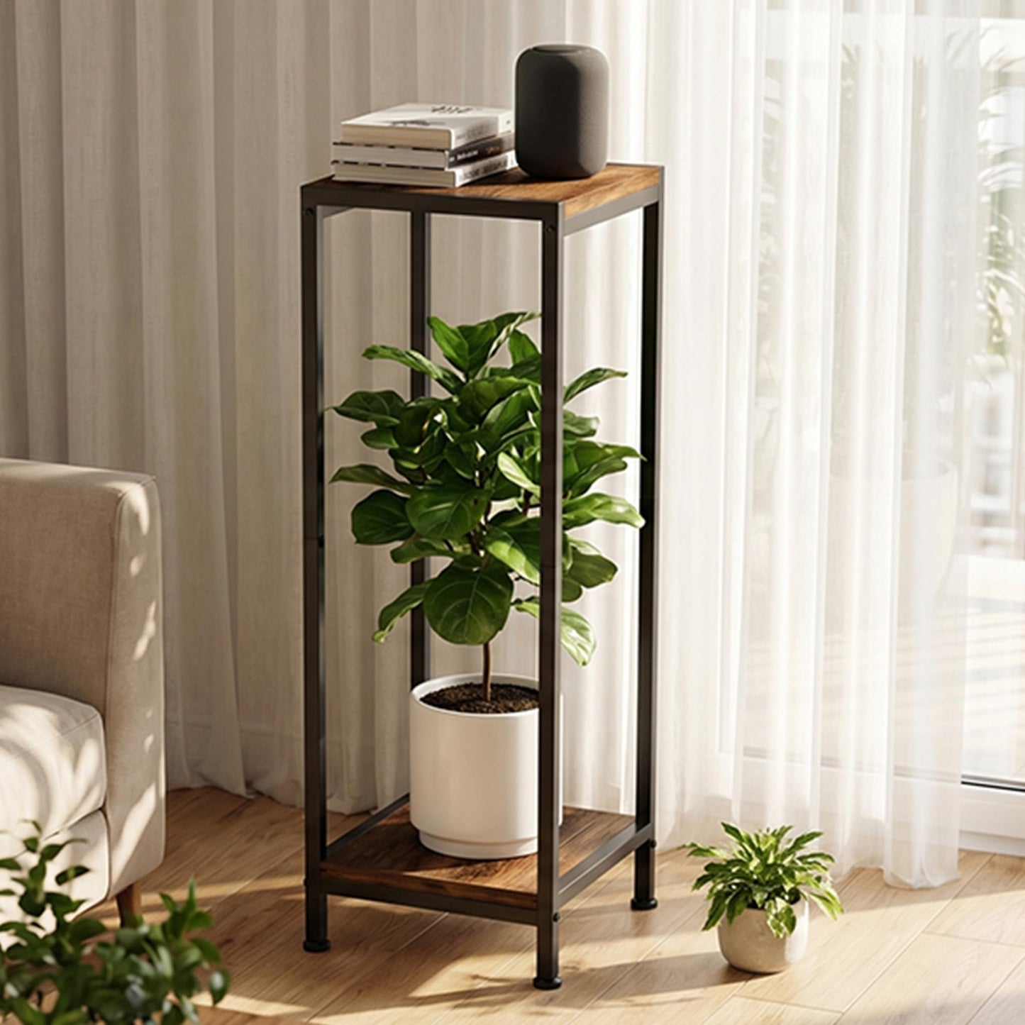 TOSKING 30" Tall 2-Tier Indoor Plant Stand (Holds 160 lbs) – Heavy Duty Black Metal Frame with Rustic Brown Wood Shelves for Balcony, Patio, Garden, Living Room, Indoor & Outdoor