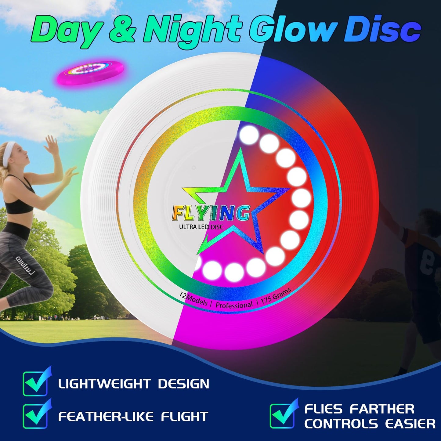 Dilabnba LED Flying Disc Toy for Lawn Game Beach Sand Backyard Outdoor Playing, Glow in The Dark Flying Ring Toass and Catch Camping Toy for Kids Adults Teen, Rechargeable, 175g