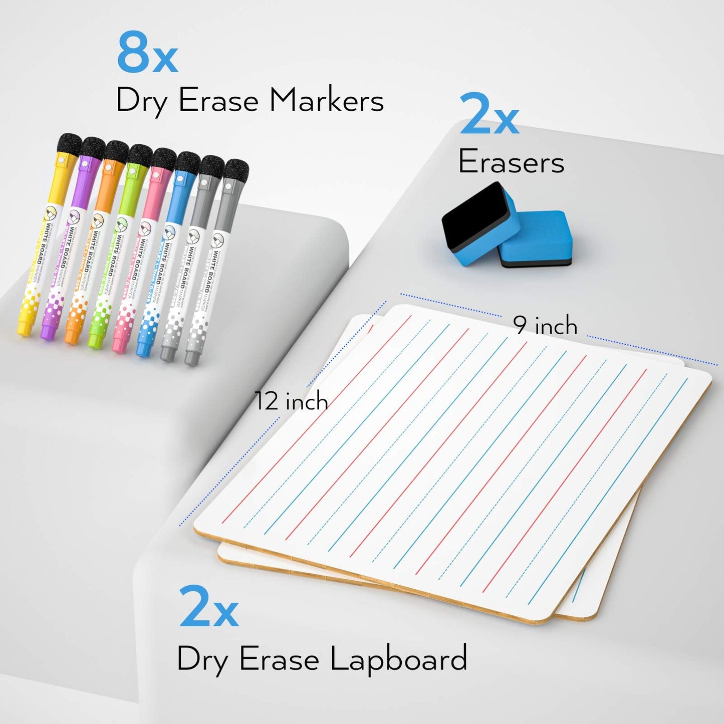 Nicpro Dry Erase Lap Board 9 x 12 inches 2 Pack Ruled Kid Double Sided Blank & Lined Small Lapboard with 8 Pens, 2 Eraser, Learning Mini Whiteboard Portable for Student and Classroom Use