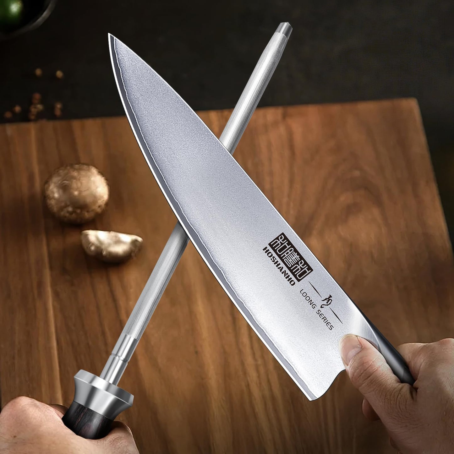 HOSHANHO Honing Rod,10 Inch Professional Kitchen Knife Sharpener Rod, Japanese High Carbon Knife Sharpening Steel with Ergonomic Pakkawood Handle, Ideal for All Chef Knives