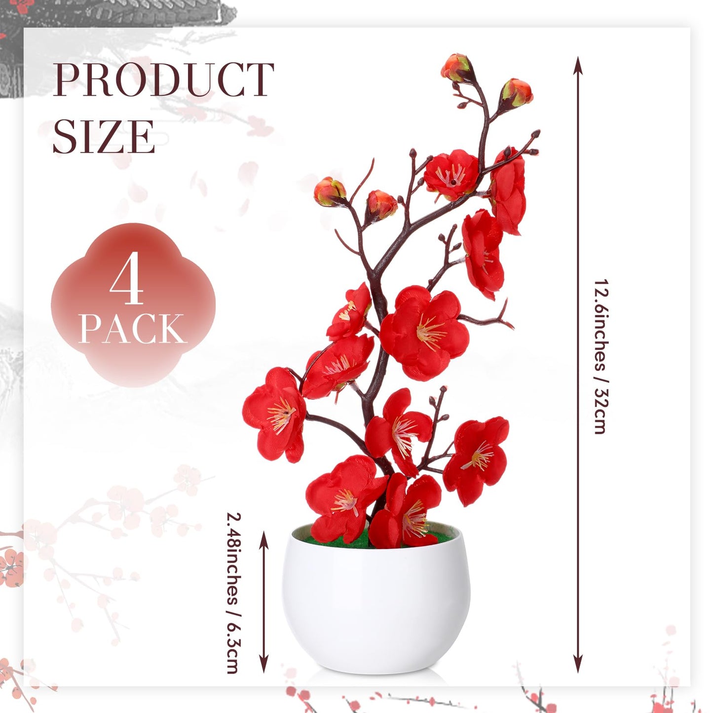 Suncalla 4 Pack Artificial Plum Blossom Bonsai, Fake Plum Blossom Silk Flower Arrangement with Flower Pot, Cherry Blossoms Decor for Hibachi Party Chinese Japanese Asian Theme Party Supplies(Upright)