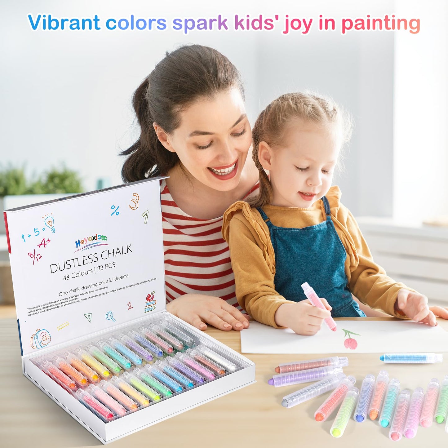 Heyoxista Dustless Wet Erase Chalk Set for Kids - 72 Pcs Vibrant Glass Markers with 24 Finger Grips | Non-Toxic Drawing Kit for Windows, Whiteboards & Smooth Surfaces | Removes Easily with Damp Cloth