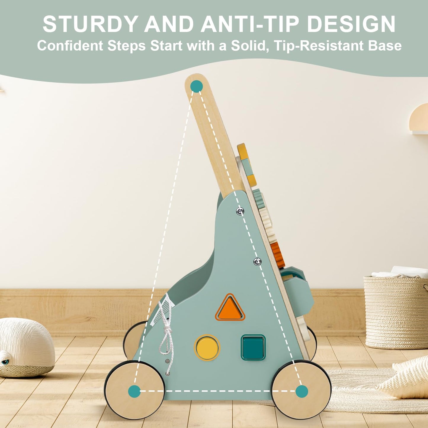 MILEFUN Adjustable Wooden Baby Walker – Montessori Push Toy for 1 Year Old with Rocket-Themed Activity Center, Sit-to-Stand Walker Gift for Boys and Girls