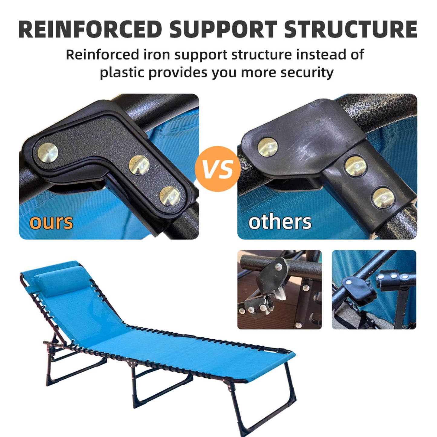 Foristrail Folding Chaise Lounge Chair Bed - Heavy-Duty 400lb Capacity Portable Adjustable Recliner w/Pillow for Patio, Pool, Camping, Sunbathing - Lay Flat Design (Blue)