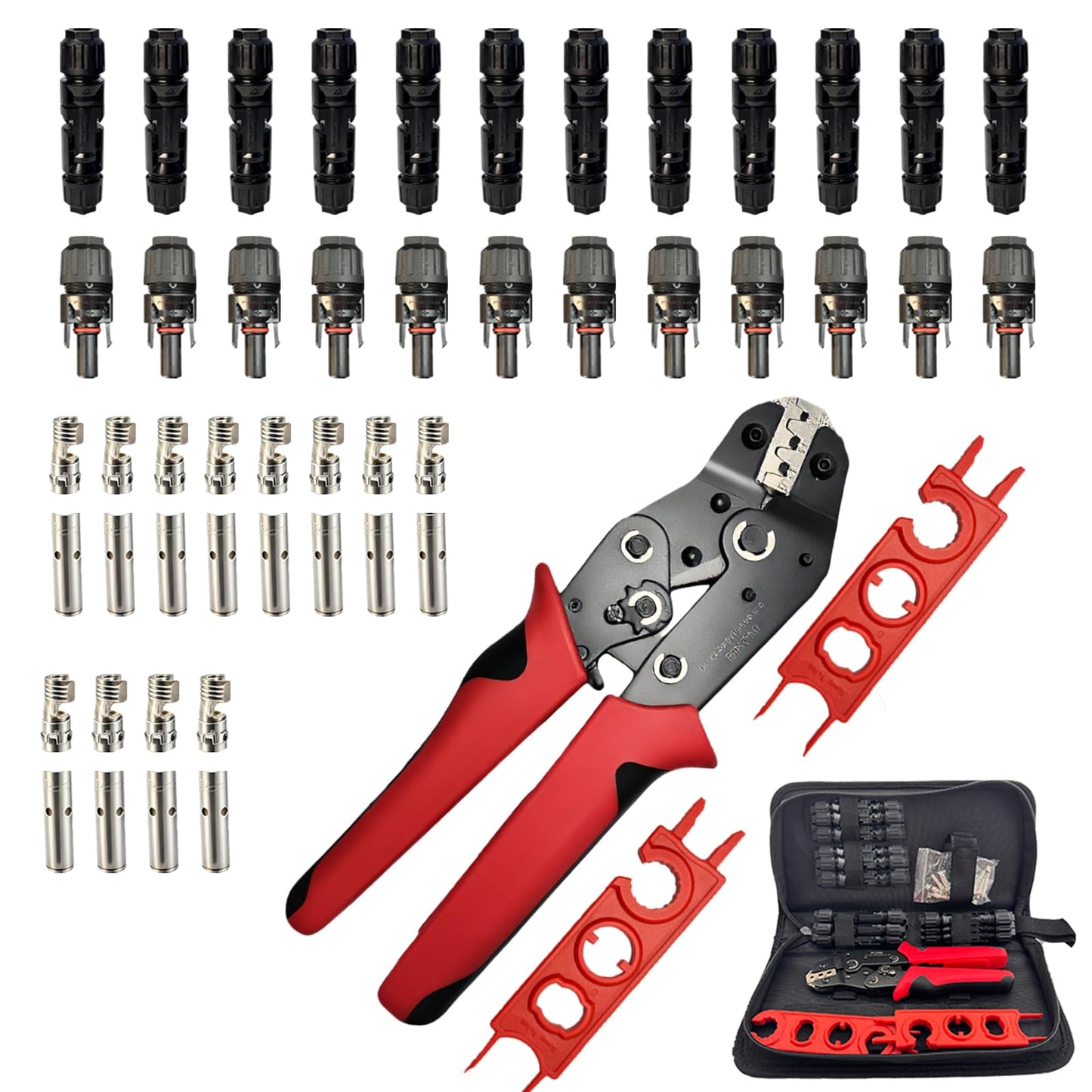 51 PCS Solar Crimper Tool Kit, Solar Panel Connector Crimping Tool with 24 Pairs Connectors,1 PCS Wire Crimper,2 PCS Multi-Functional Spanners Wrench for PV System Assembly and Installation