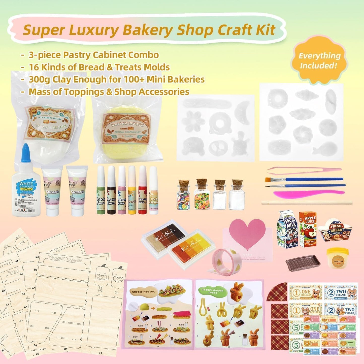 iLAND Fun Craft Kits for Kids Cute Clay Bakery Shop DIY Set, Creative Kids Toys Girls 6-8-10, 1:6 Scale Miniature Food Toys fit Doll Figure 9-12”, New Best Christmas Birthday Gift for Girls Age 7 9 11