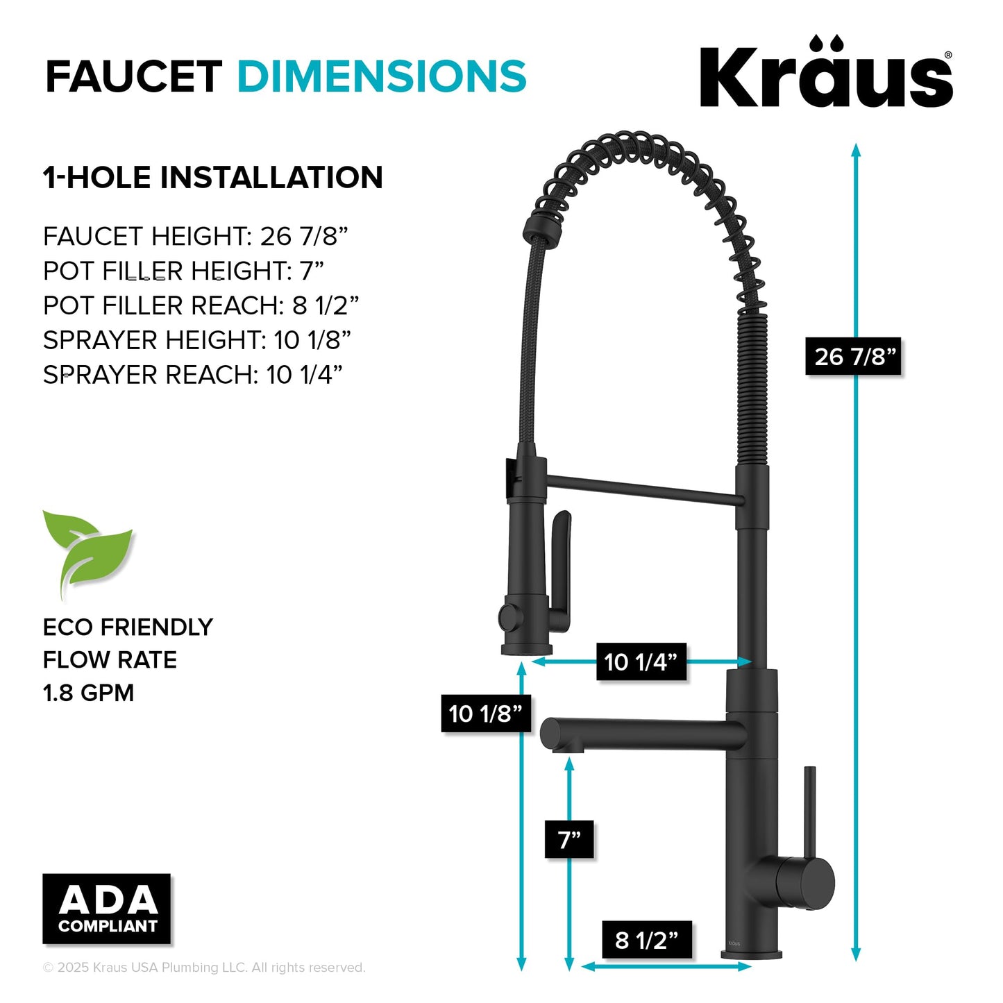 KRAUS Artec Pro Commercial Style 2-Function Single Handle Pull Down Kitchen Faucet with Pot Filler in Matte Black, KPF-1605MB