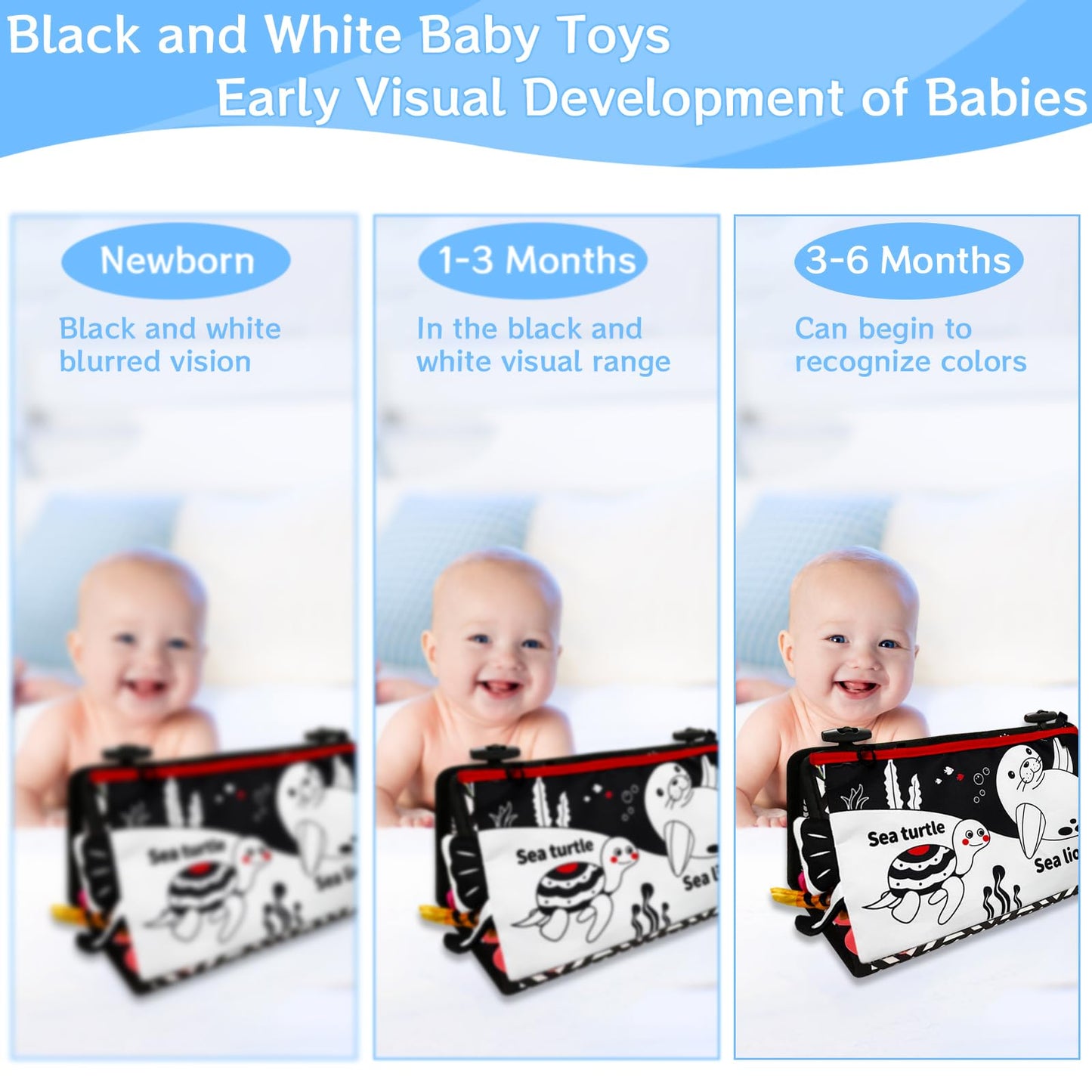 Autumety Tummy Time Mirror Newborn Toys: Black and White Infant Tummy Time Toys 0-3 0-6 6-12 Months Babies High Contrast Baby Toy with Book & Teethers Montessori Sensory Toy for Boy Girl Baby