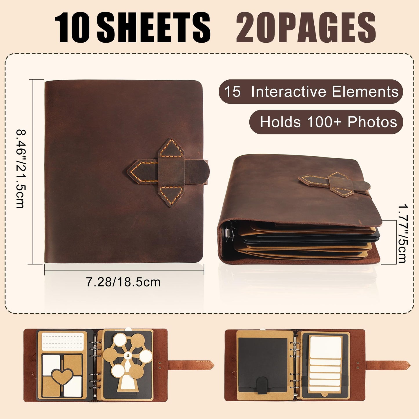 Handmade Genuine Leather Scrapbook Photo Album – DIY 3D Interactive Memory Book for Wedding, Baby, Family Photos (Travel, Anniversary, Birthday Gift)- D.Brown