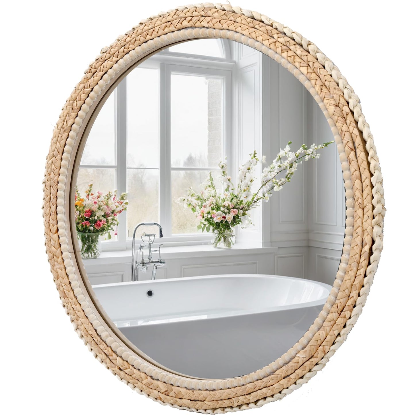 FUIN 24" Rattan and Wood Round Mirror for Boho Bathroom, Entryway, Living Room Decor