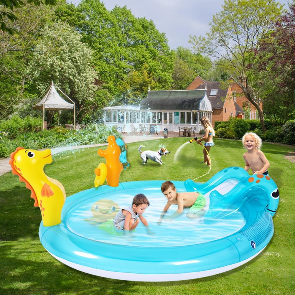 Sea Animal Inflatable Kids Pool with Slide and Sprinkler, Inflatable Play Center with Rings & Animal Figures, 78"x59.5"x15.5" Kiddie Pool for Summer Outdoor Backyard