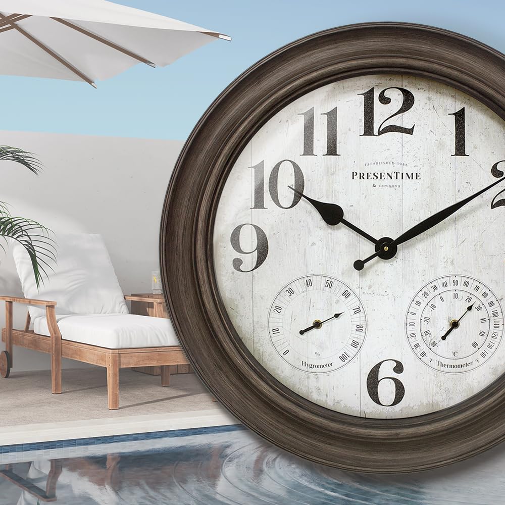 Presentime & Co. 26" Clifton in/Outdoor Farmhouse Clock with Thermometer & Hygrometer as All in One Weather Station, Farmhouse Wall Art and Timepiece for Home Decoration, Grey Oak Finish