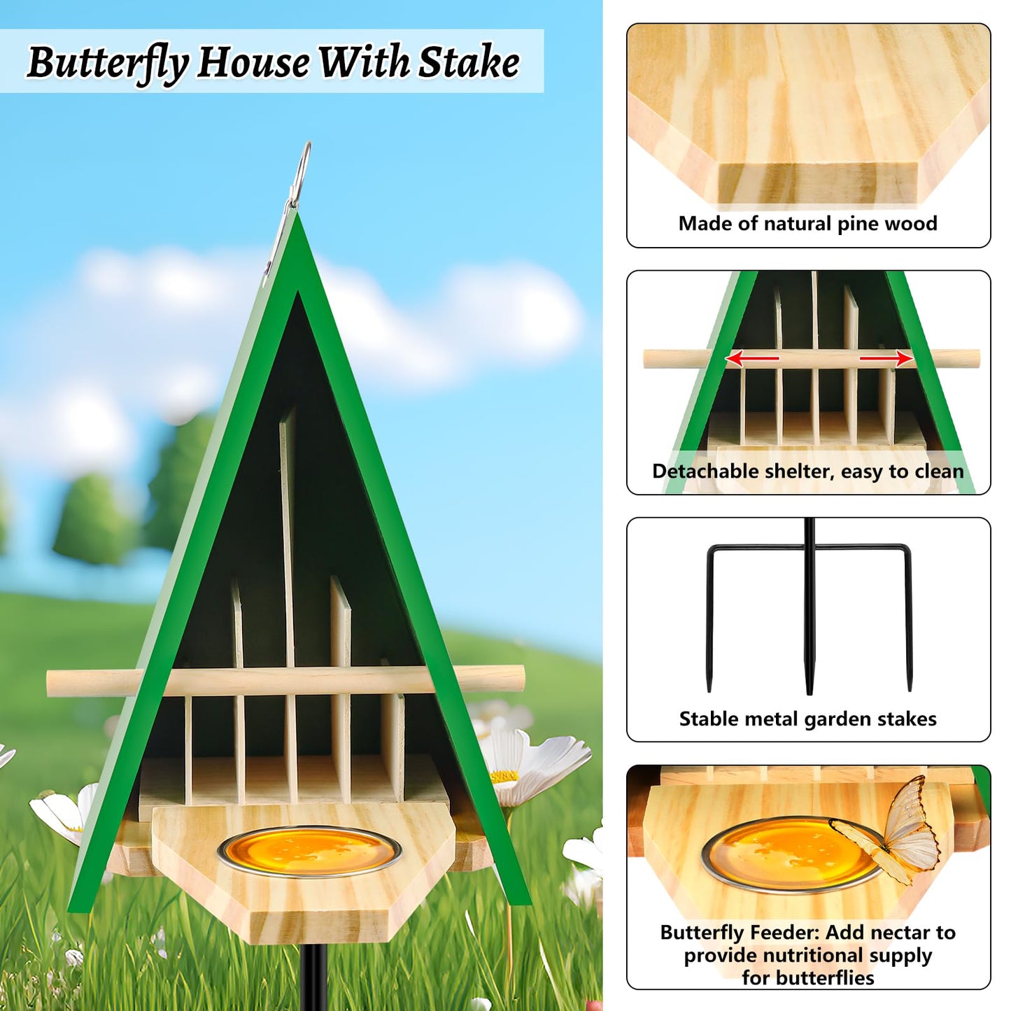 New Butterfly House and Feeder for Outside, Wooden Butterfly House with Metal Stake for Garden, Natural Butterfly Habitat with Butterfly Puddler on The Floor or Hanging on Tree Wall