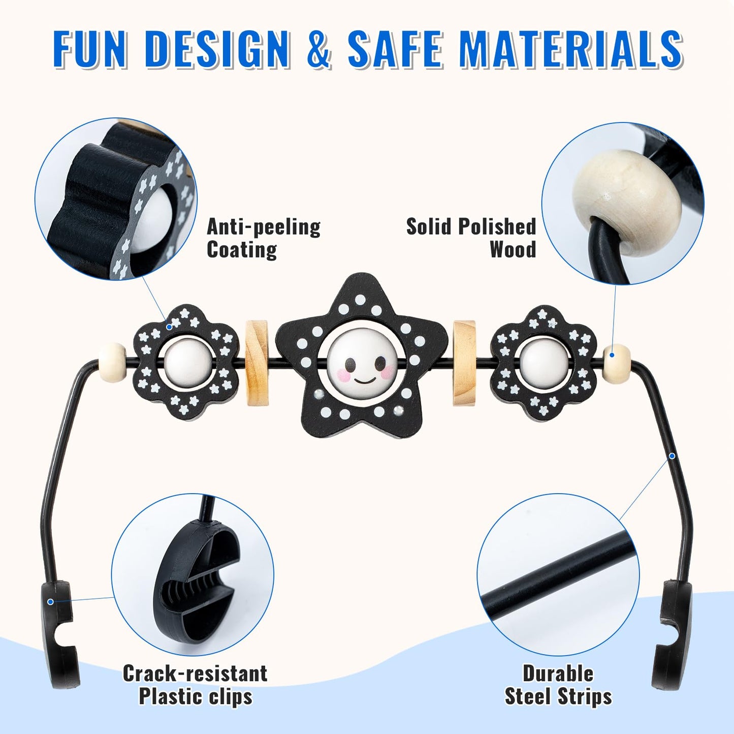 THE KENKYO Baby Bouncer Toy Bar Compatible with Baby Bjorn, Wooden Bouncer Toy Bar Attachment for Girls Boys, Funny Sensory Toy for Newborn to Toddler, Easy to Attach and Remove (Black)