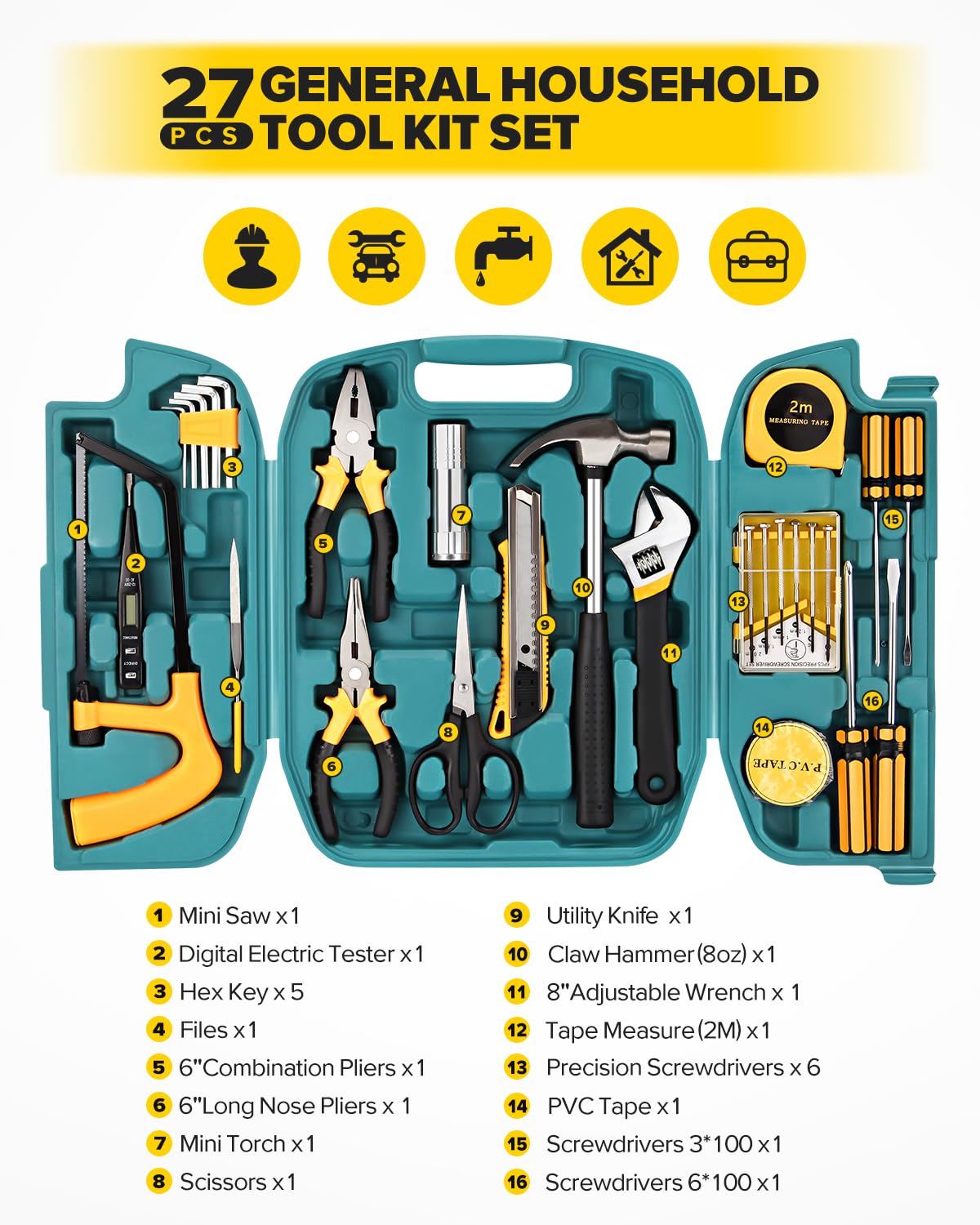 27pcs General Household Tool Kit Set, Home Repair and Mechanics Hand Tool Kit with Storage Case Ideal for Men and Women in Garage, Office, or College Dorm