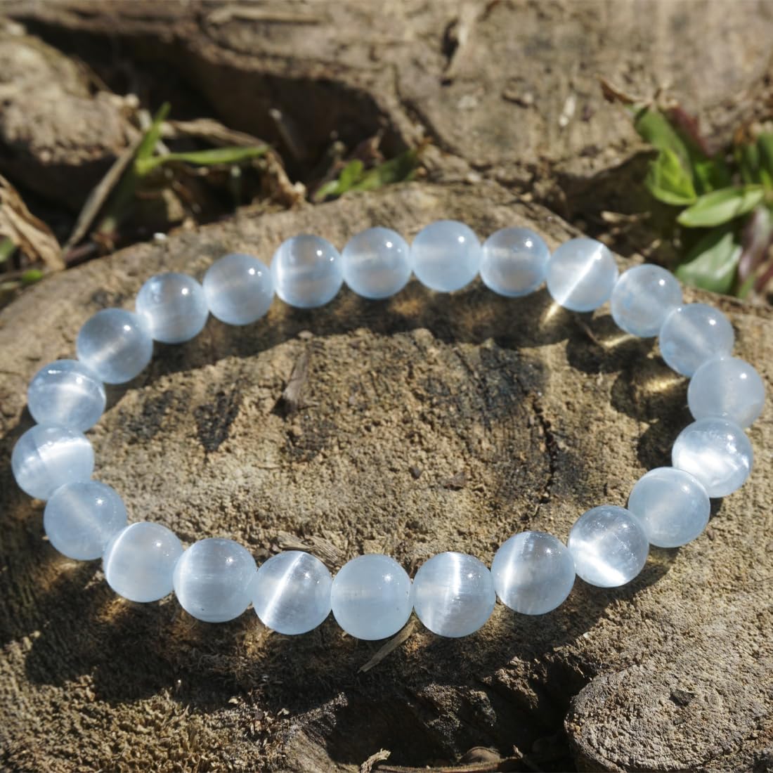Natural Selenite Bracelet 8mm | Aqua Blue | Crown Chakra Crystal with Cat-eye Effect | Handmade Meditation Healing Bracelet for Women Men | Beading Tool Kit - Fits for 6.5-7.5 inch Wrist Size