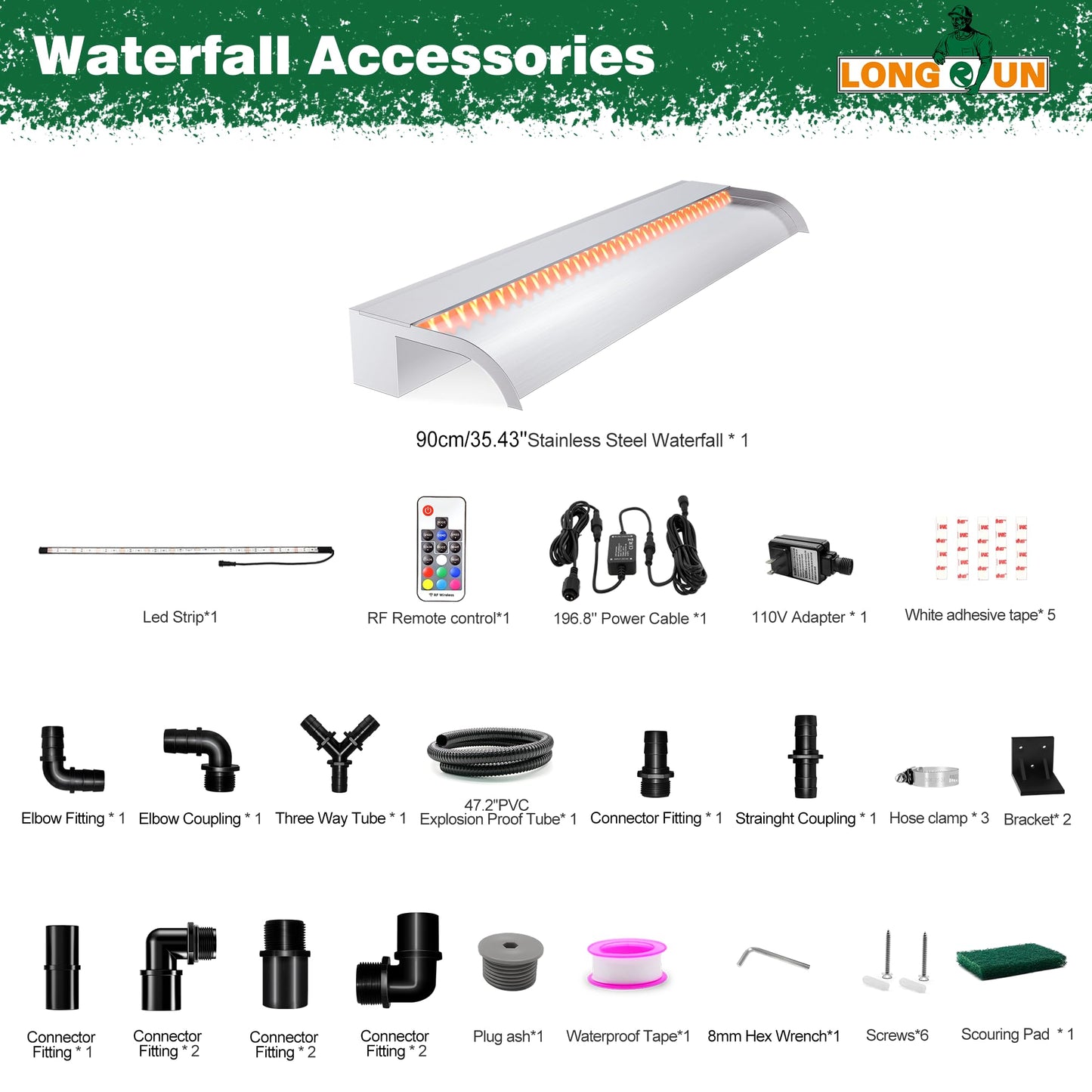 Waterfall Pool Fountain, LONGRUN Stainless Steel Waterfall Spillway for Pools and Ponds - 35.4" Wide Decorative Water Feature for Swimming Pools, Koi Ponds, and Garden