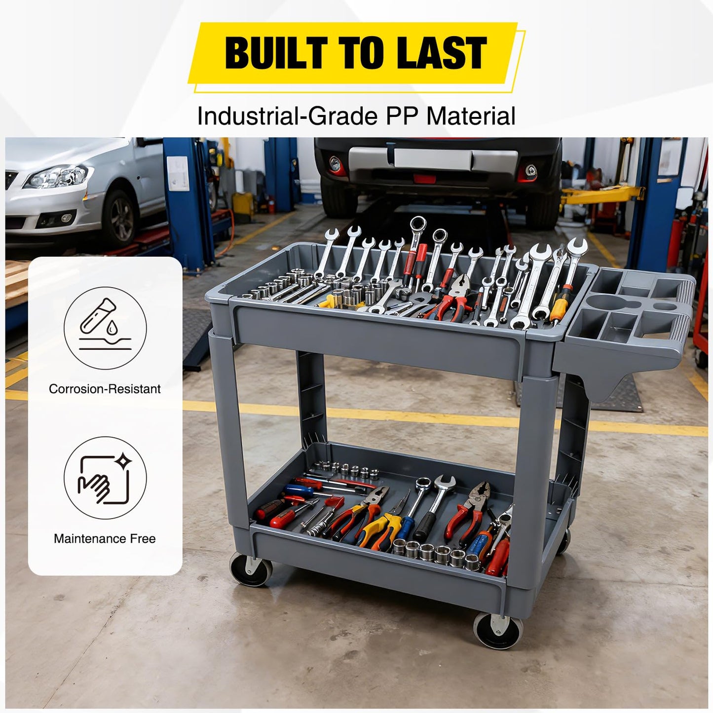 POTOLON Heavy Duty 2-Shelf Plastic Utility Cart - 550 lbs Capacity Rolling Service Cart with 5" TPU Silent Wheels & Integrated Tool Handle - Grey
