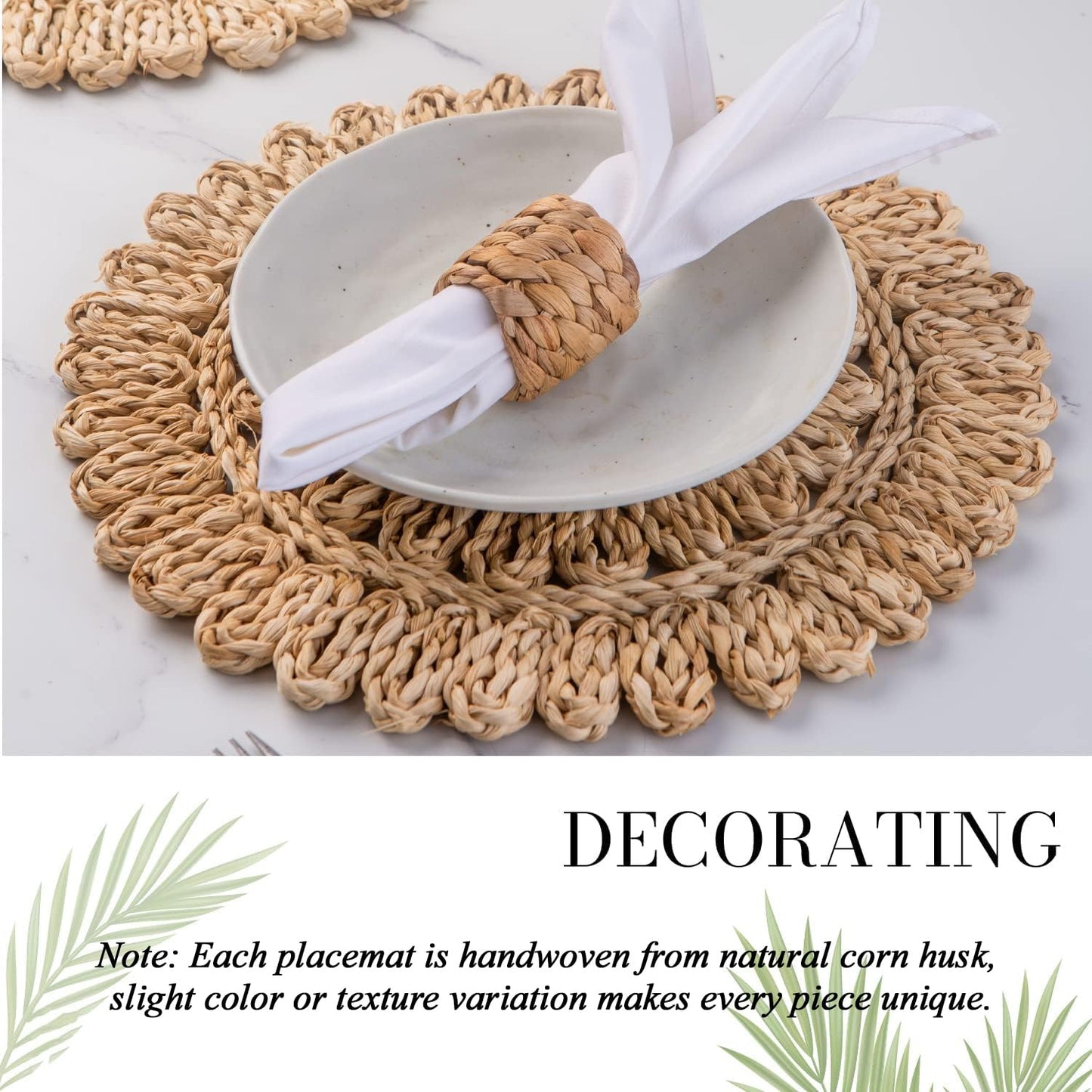 Laquedecraft 11.8" Set of 4 Round Corn Husk Placemats | Boho Woven Rattan Table Mats | Farmhouse Wicker Spring Plate Chargers Like Water Hyacinth, Seagrass for Wedding, Party, Christmas, Events