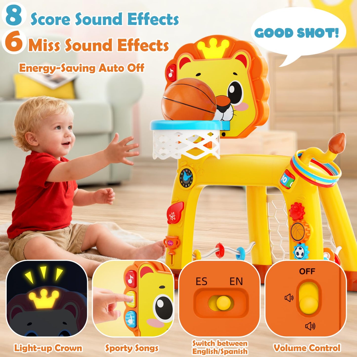 OWNONE 1 4 in 1 Toddler Basketball Hoop & Soccer Goal, Gift for Boys Girls 1 2 3 Years Old, Kids Sports Toys with Lights Sounds Music, Baby Toys for 12-18 Months, Christmas Birthday Gift for Age 1-3