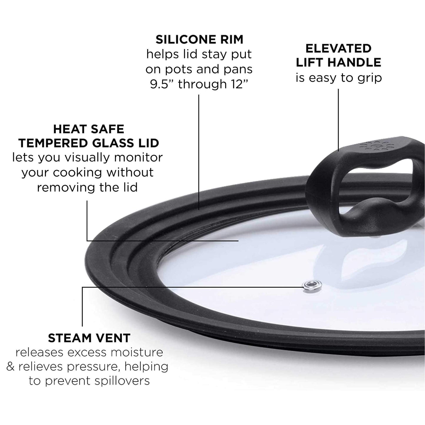 Ecolution Universal Lid for Pots and Pans, Fits 9.5-Inch to 12-Inch Cookware, Tempered Glass Replacement Lid with Heat Resistant Silicone Edge, Dishwasher Safe, Made without BPA, Large, Black