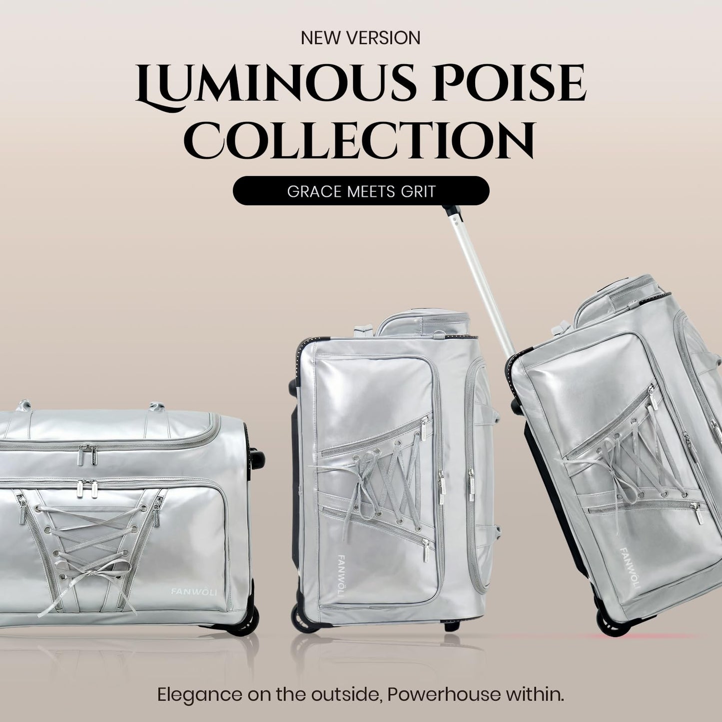 Fanwoli 23" Dance Bag with Garment Rack | Luminous Poise Collection | Waterproof Lustrous Satin Fabric | Competition Travel Duffel Luggage for Cheer, Skating, Gymnastics & Sleepover | Moonlight Silver