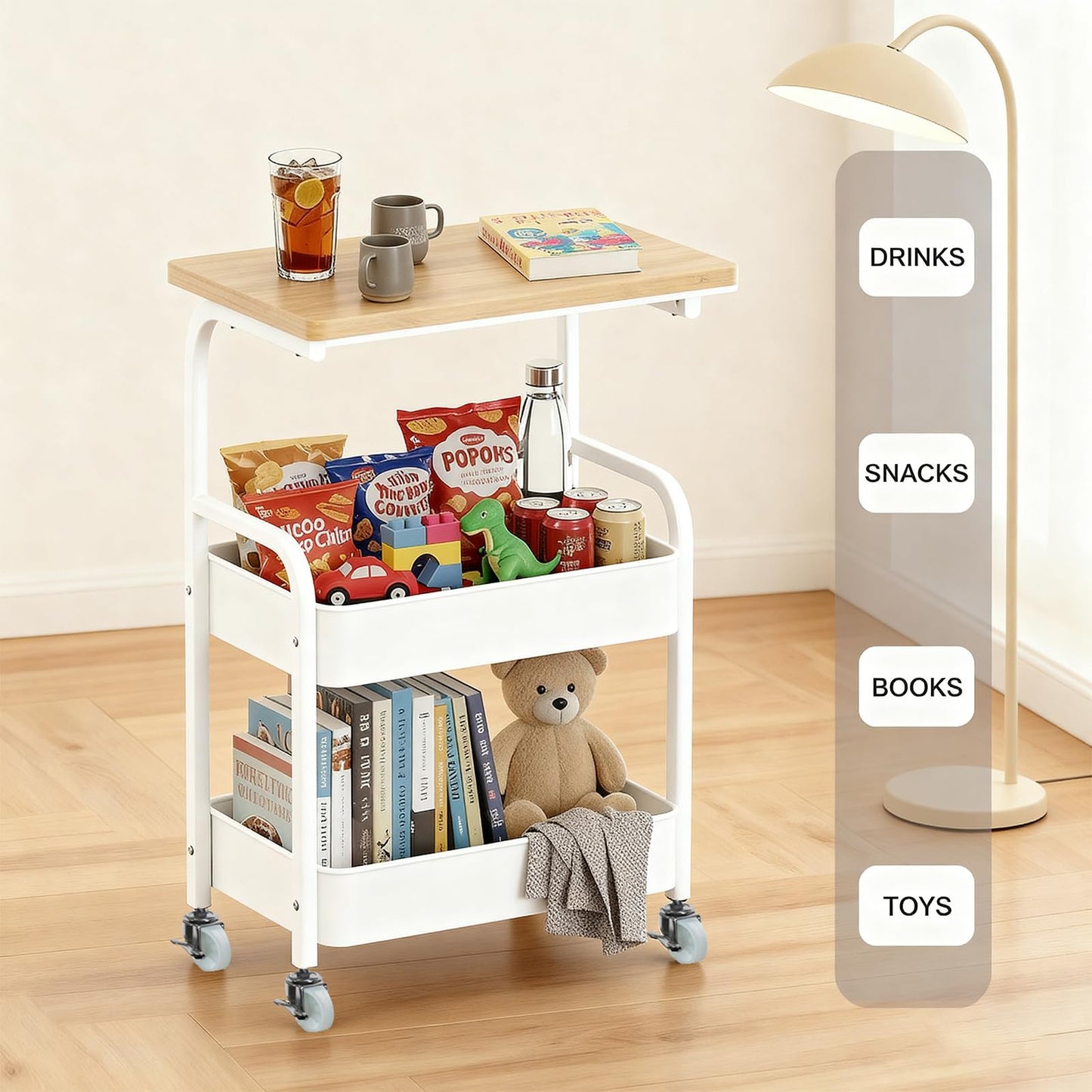 ULIKEUS Rolling Cart with Wooden Tabletop 3-Tier Metal Utility Rolling Cart Storage Organizer with Lockable Wheels for Kitchen, Office, Bedroom