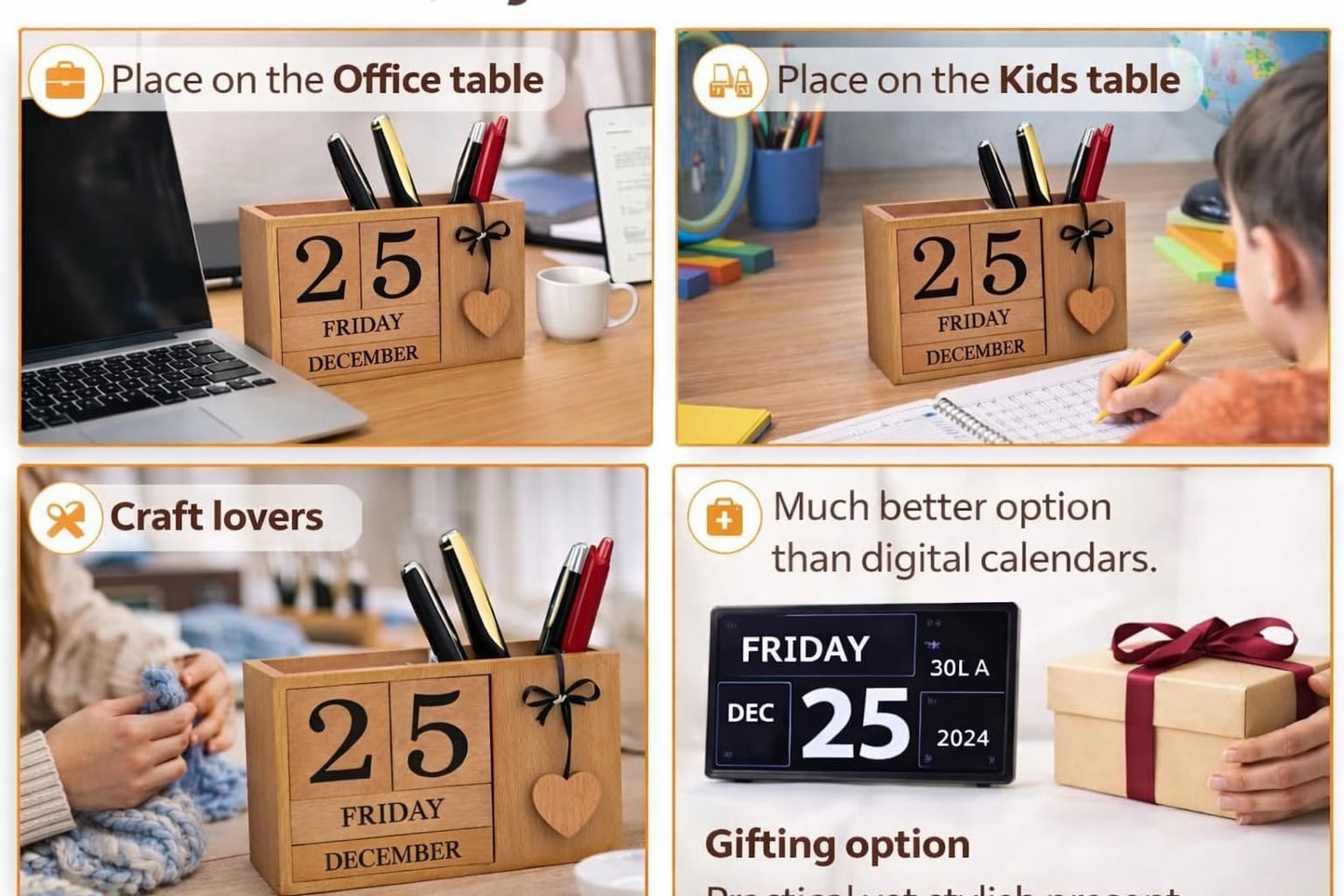 Frescorr - Wooden Perpetual Calendar for Desk, Wood Month Date Display Blocks for Teachers, Students, Classrooms, Farmhouse Office Decor, Desk Accessories
