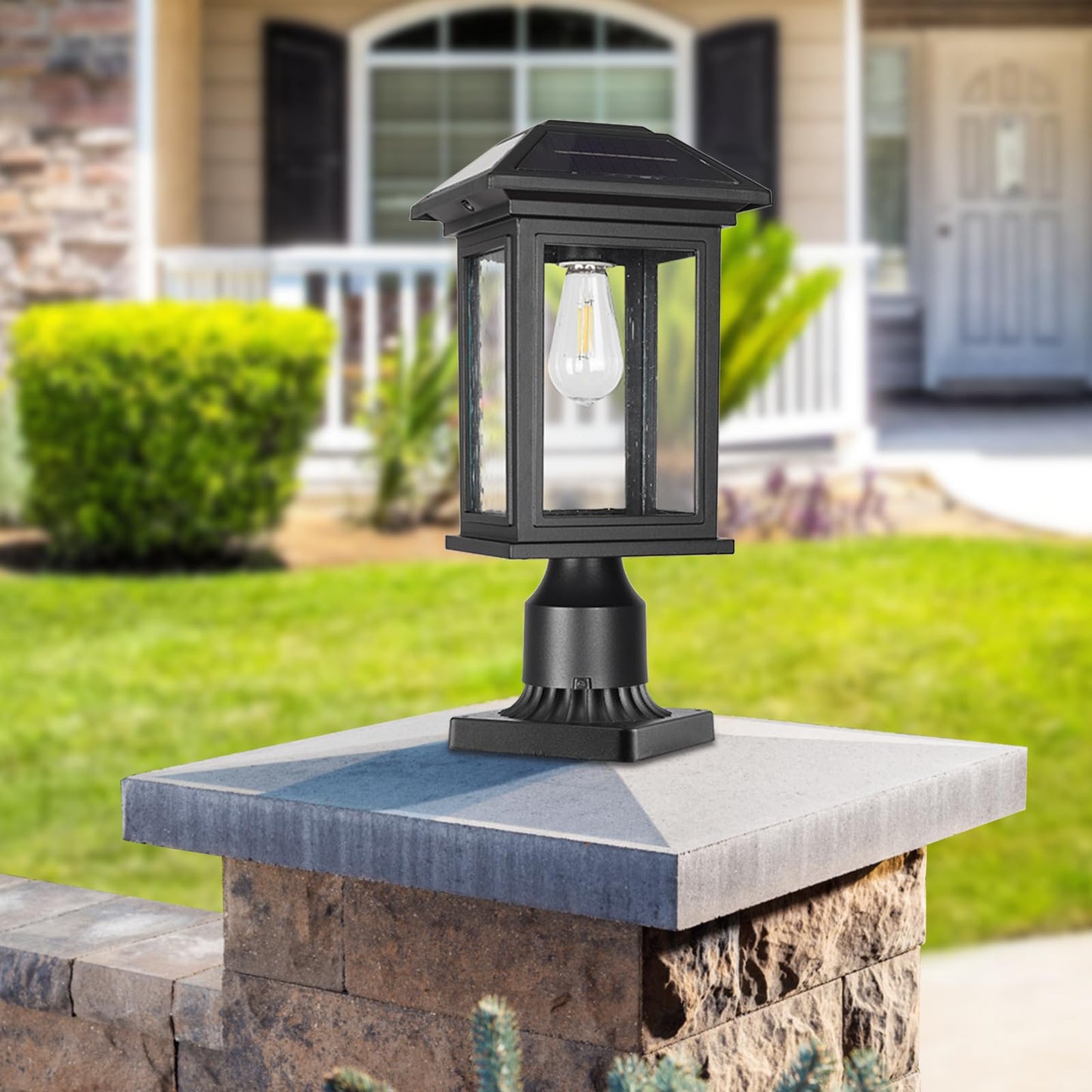 Rosient Solar Post Lights Outdoor, Waterproof Anti-Rust Black Pole Light Fixtures with Clear Glass, LED Solar Powered Lamp for Garden, Front Yard, Porch, Garage, and Patio (Bulb Included)