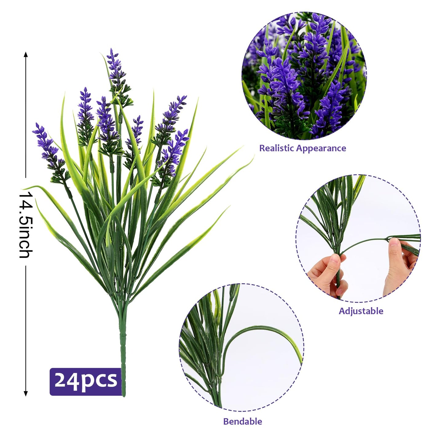 Geegoods Artificial Plants Flowers Outdoor – 24 Bundles UV Resistant Faux Lavender Flowers with Monkey Grass for Garden Porch Window Patio Hanging Planter Decor
