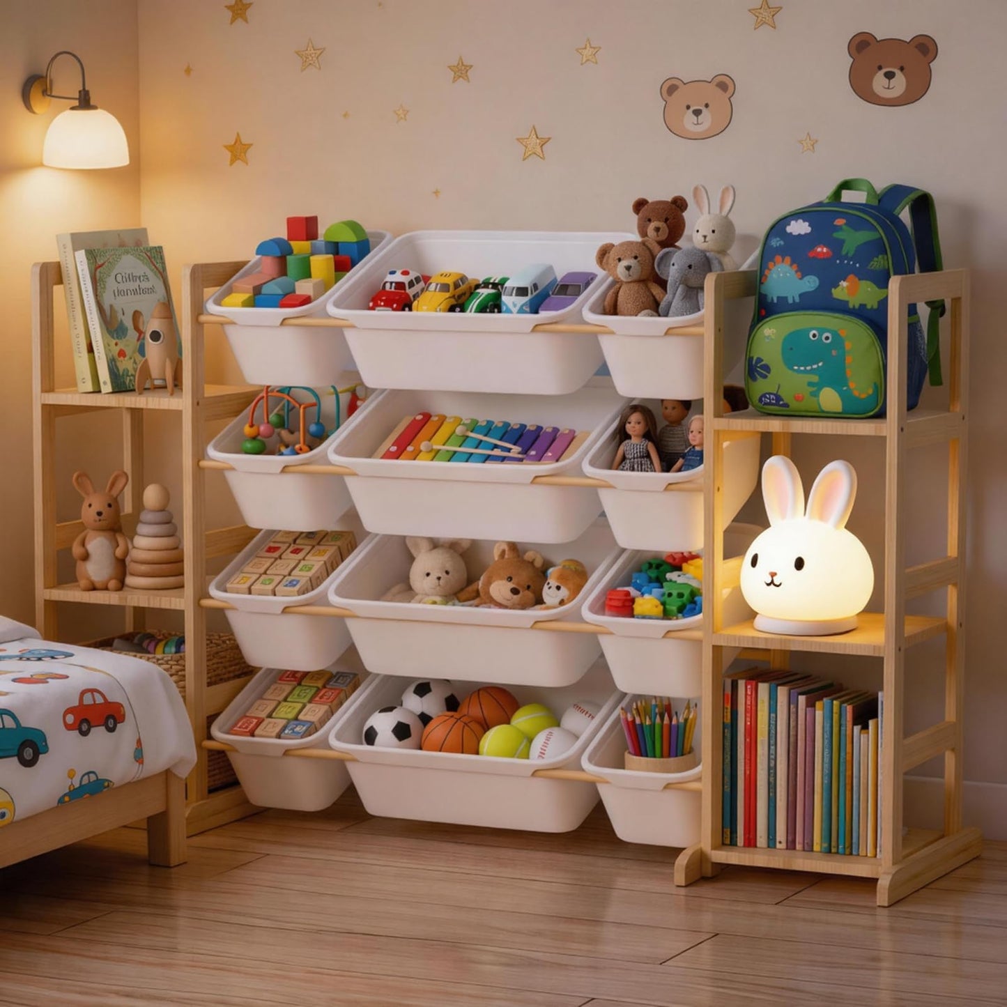 Dclavy Toy Storage Organizer with Bookshelf for Kids, Large Wooden Shelf with 12 Storage Bins & 6 Shelves, Toy Box Organization for Kids Rooms, Playroom, Nursery and Living Room